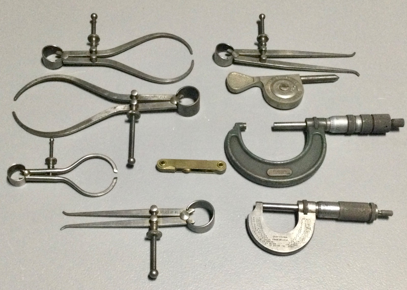 Lot of 9 — Starrett & other Vintage Calipers, Dividers, Micrometers, Machinist