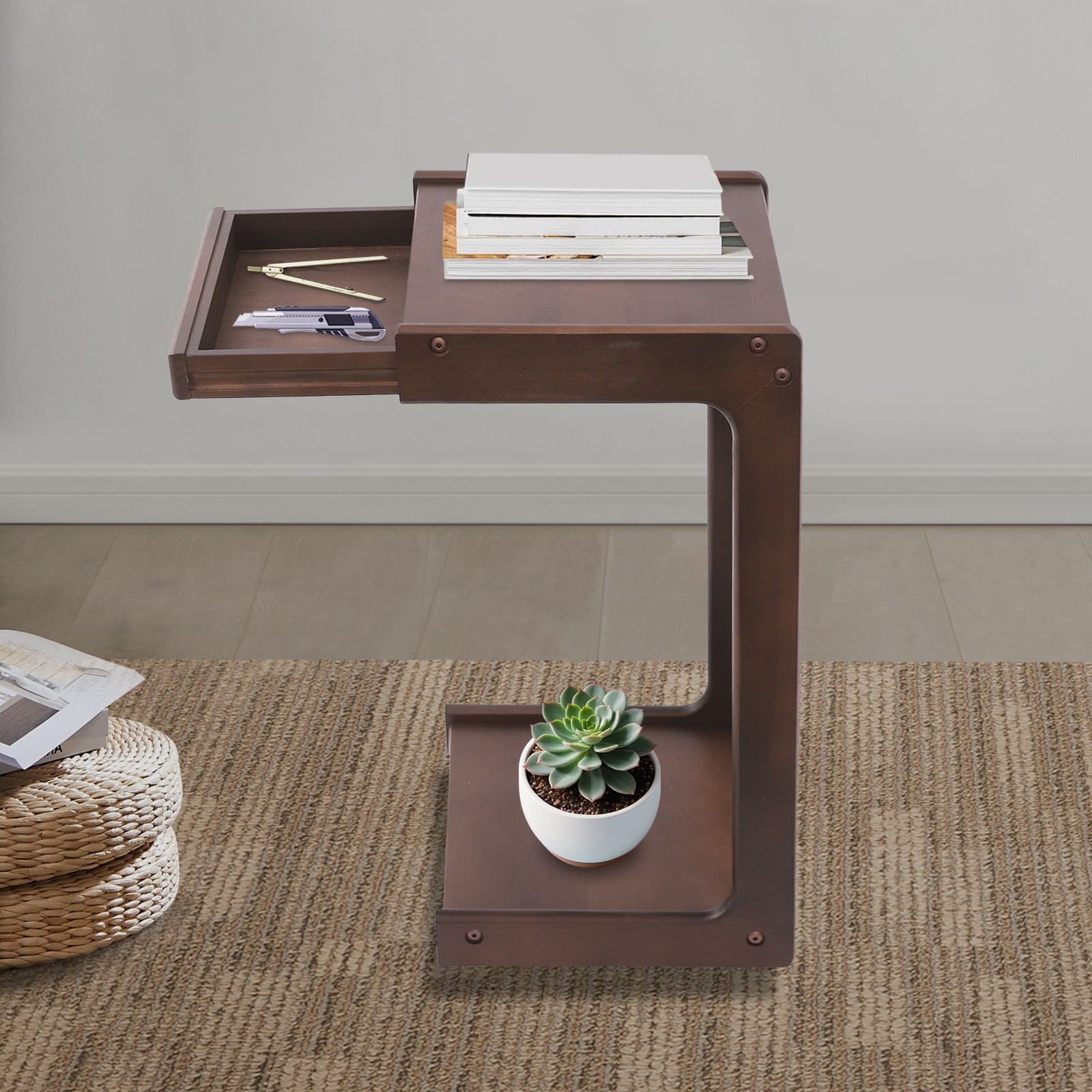 2-Tierd Solid Wood Bedside C-Shaped Side Table w/ Drawer & Lockable Wheels