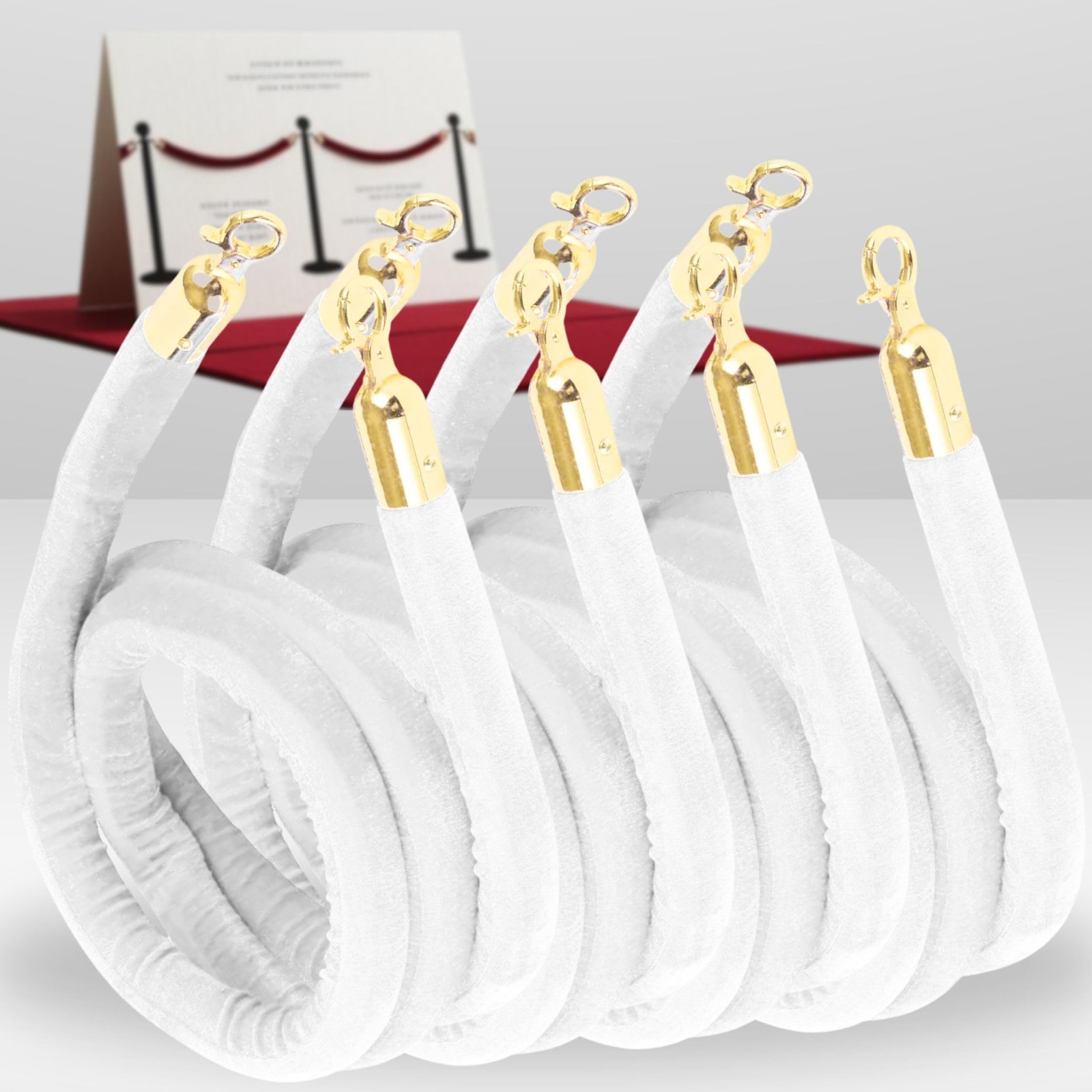 White Velvet Rope 5 Ft 1.25" Wide - 4 PCS Red Carpet Stanchion for Crowd Control