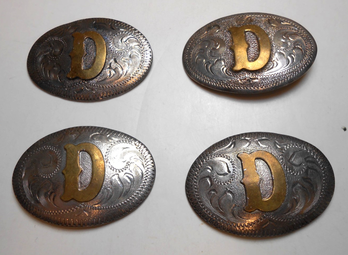 Vtg Western Style Horse Conchos Mexico Silver Overlay 4 Conchos Letter "D"