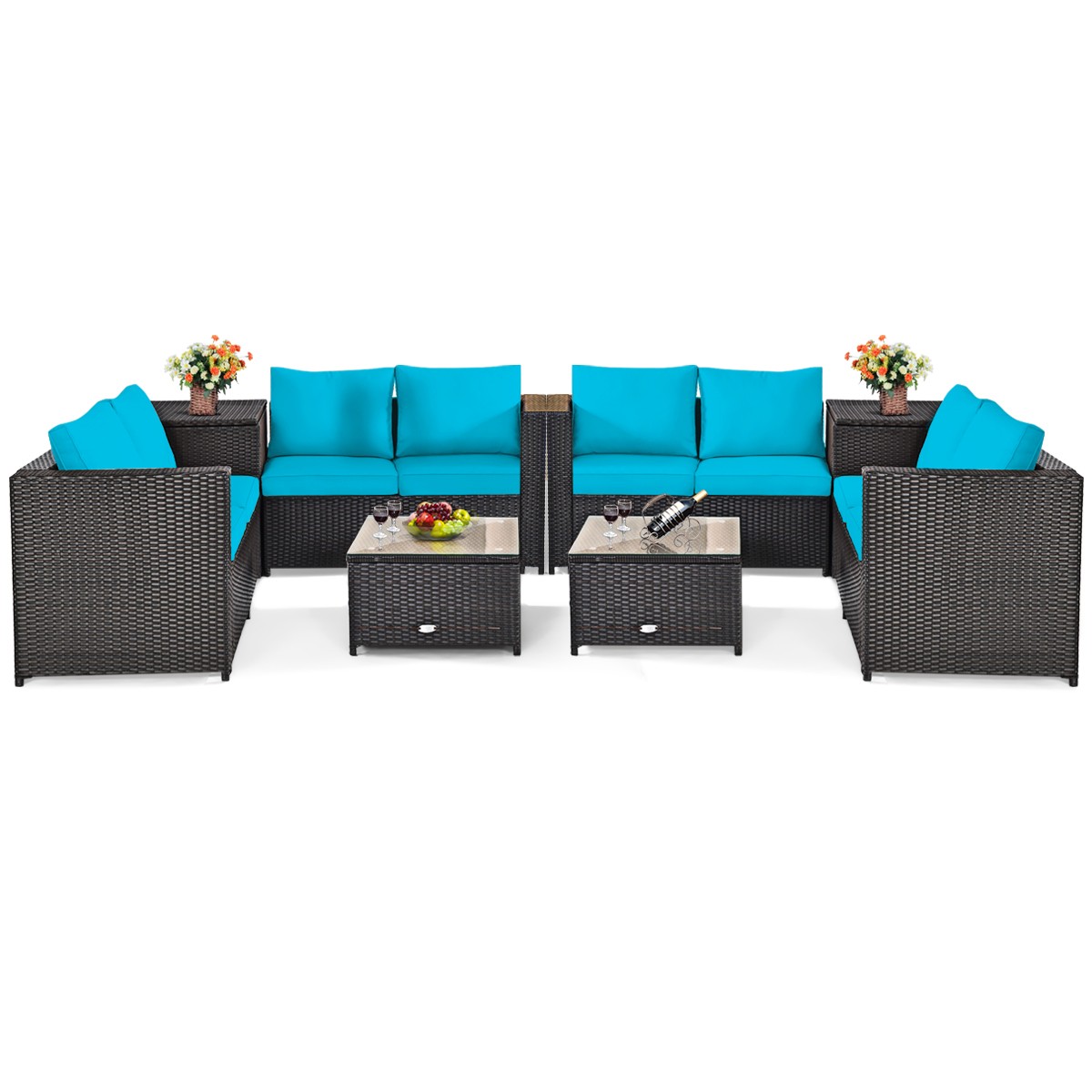 8PCS Outdoor Patio Rattan Furniture Set Cushion Loveseat Storage Table Turquoise