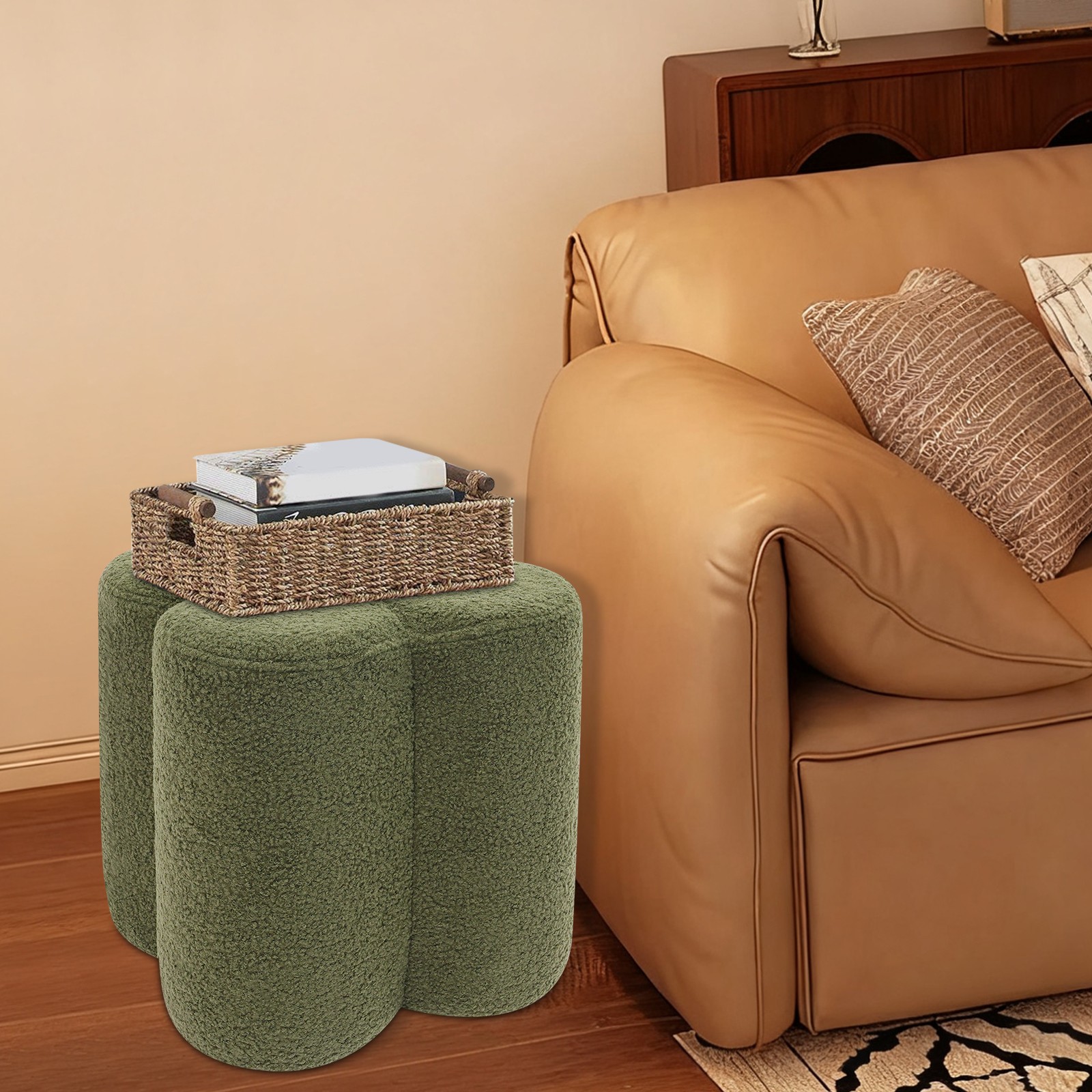 38*40cm Flower-Shape Floor Pouf Small Vanity Stool Pouf Ottoman Green Foot Rest