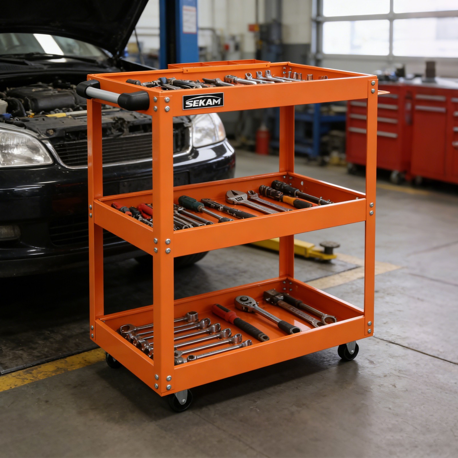 3-Shelf Rolling Mechanic Tool Cart 400lbs Heavy Duty Steel Workshop Trolley Bins