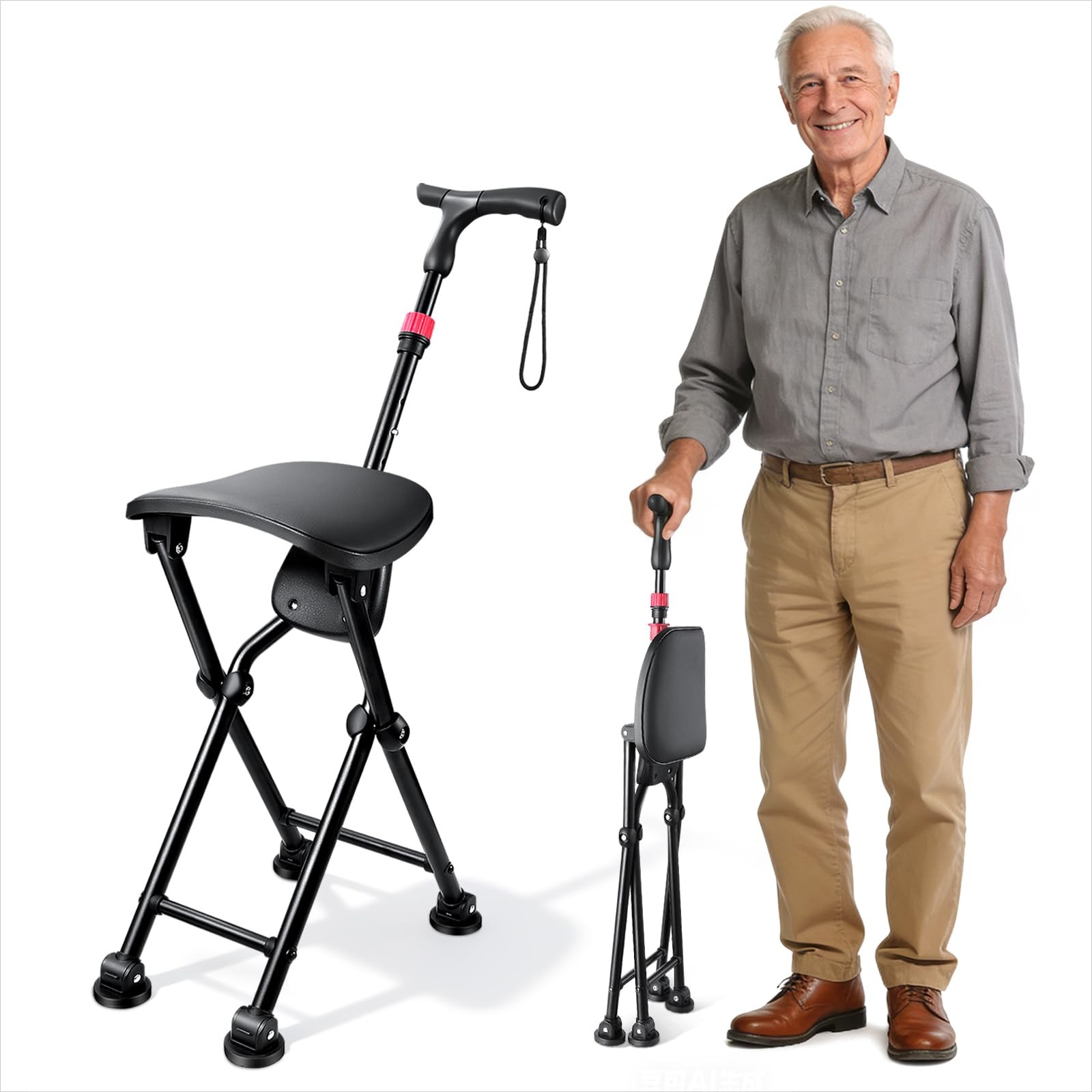 Four-Legged Cane with Seat, Unisex Cane with Seat Folding Lightweight, Adjust...