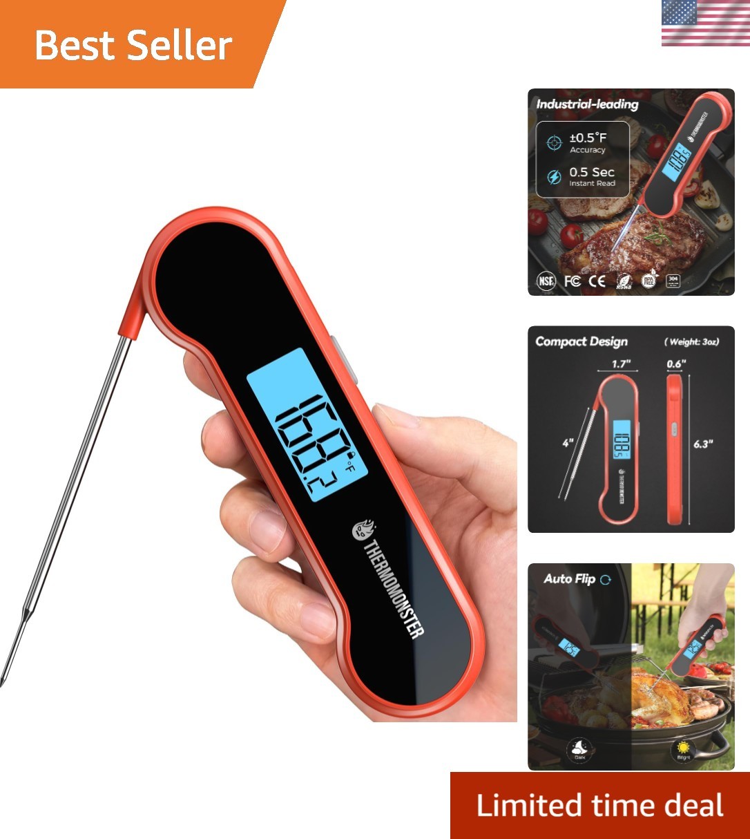 0.5 Sec Instant Read Meat Thermometer Digital with ±0.5℉ Precision, Red | Foo...