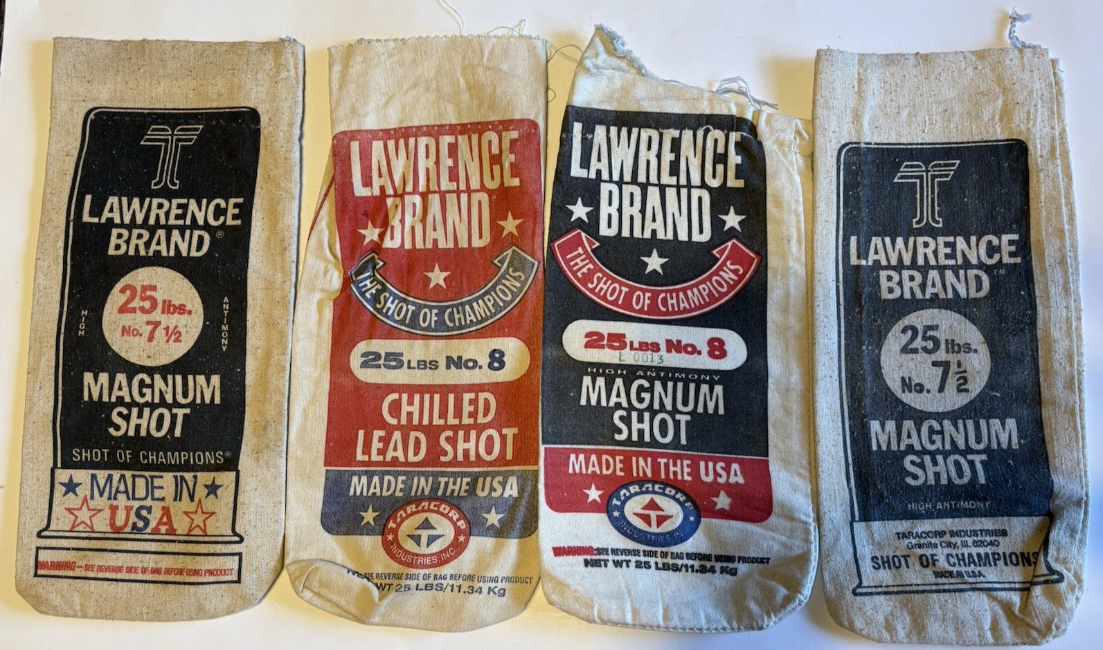 Lot of 4 - 25 Lbs Empty Lead Shot Canvas Bags Lawrence Brand #7 1/2 &8 Red/Black