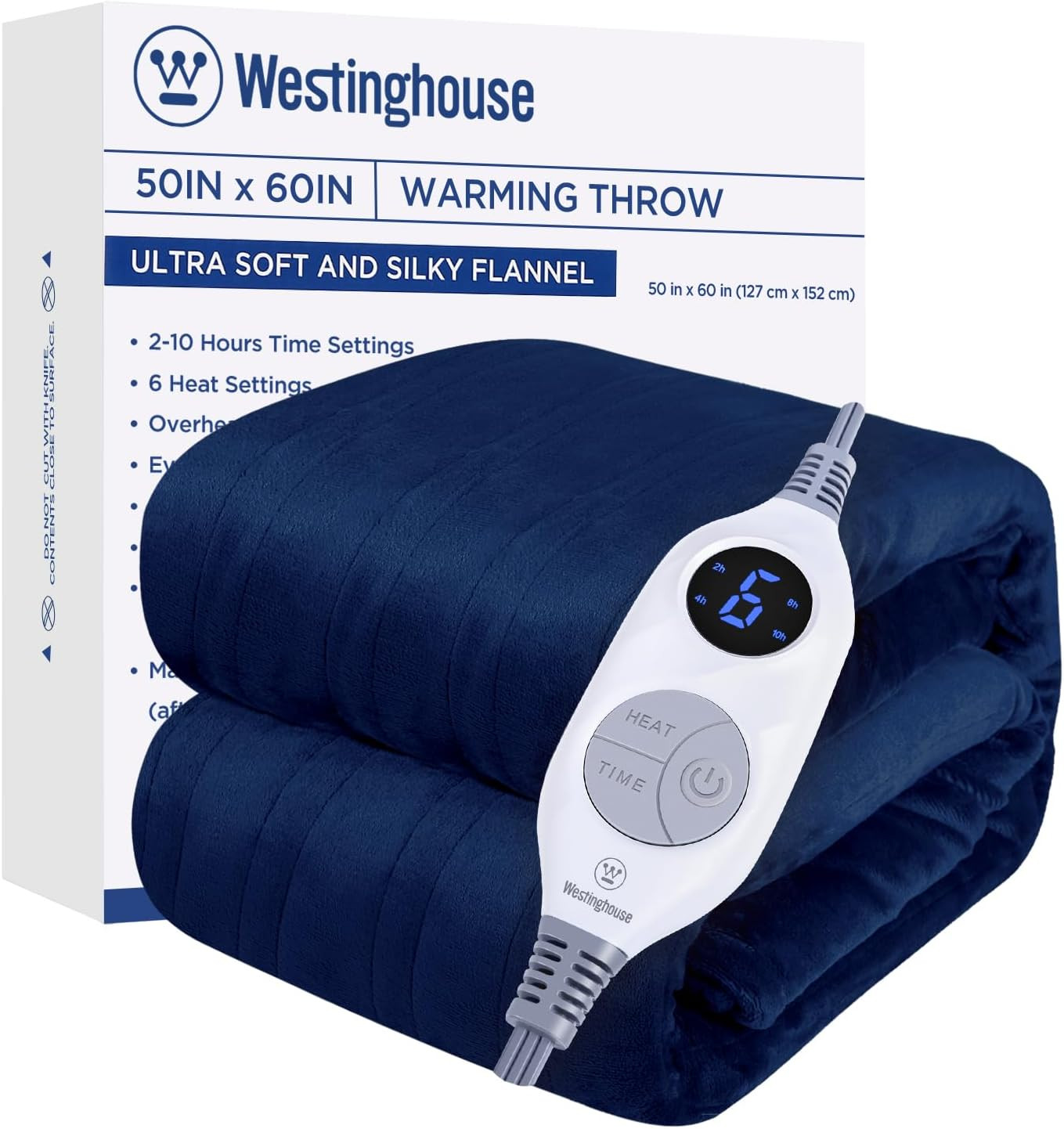 Electric Heated Blanket Throw with 6 Heat Levels, Navy Blue, 50x60 Inches