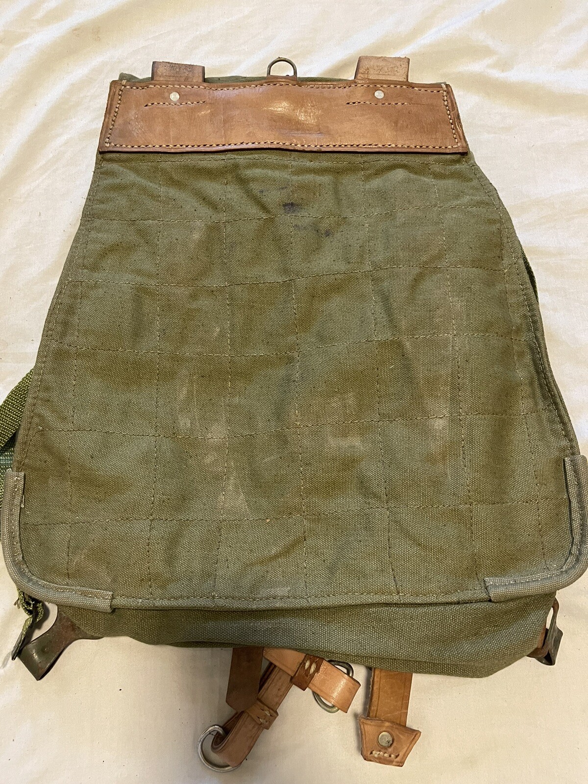 Vintage Romanian Army Canvas Backpack With Leather Shoulder Straps.
