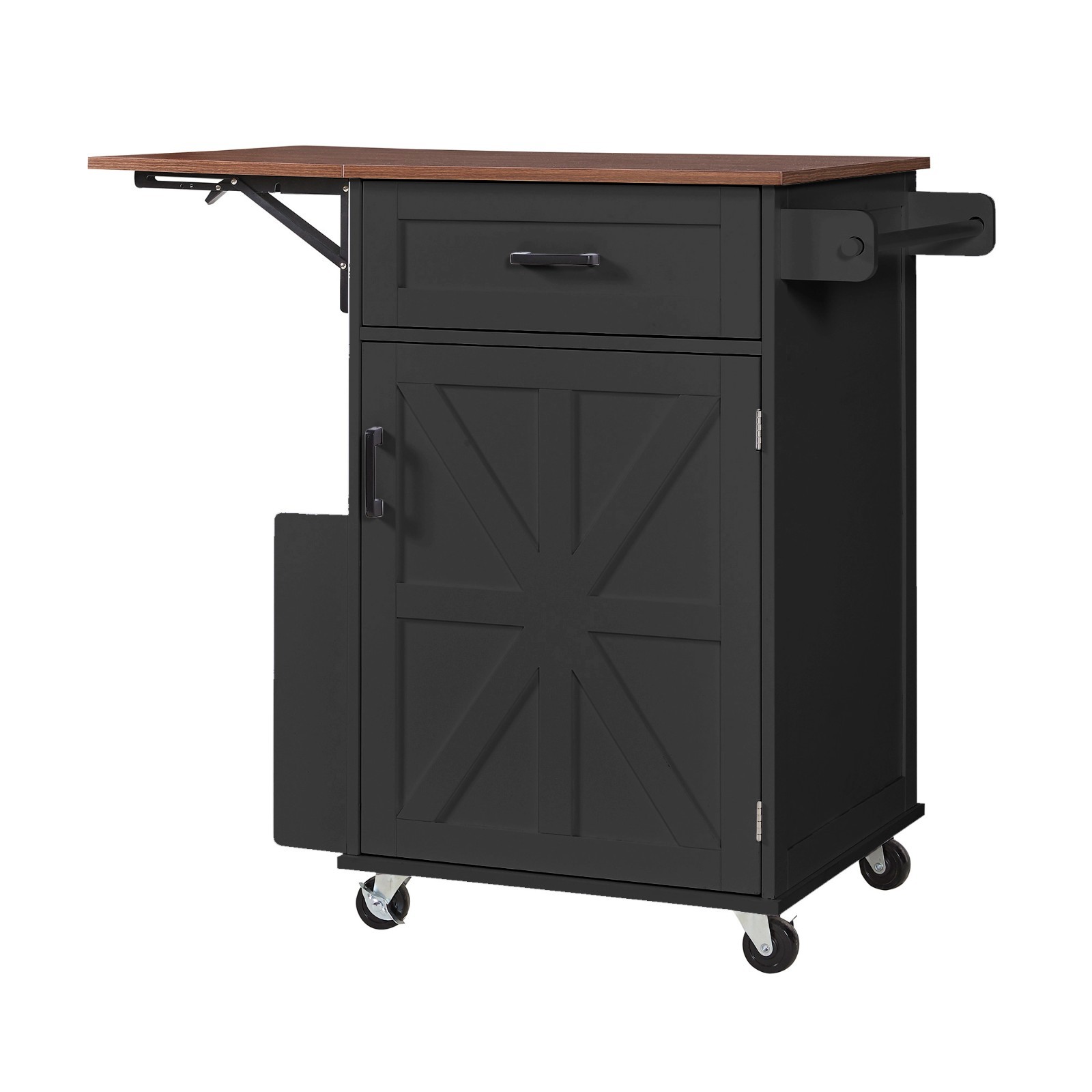 Rolling Kitchen Island Cart Storage Cabinet with Drop Leaf and Side Rack