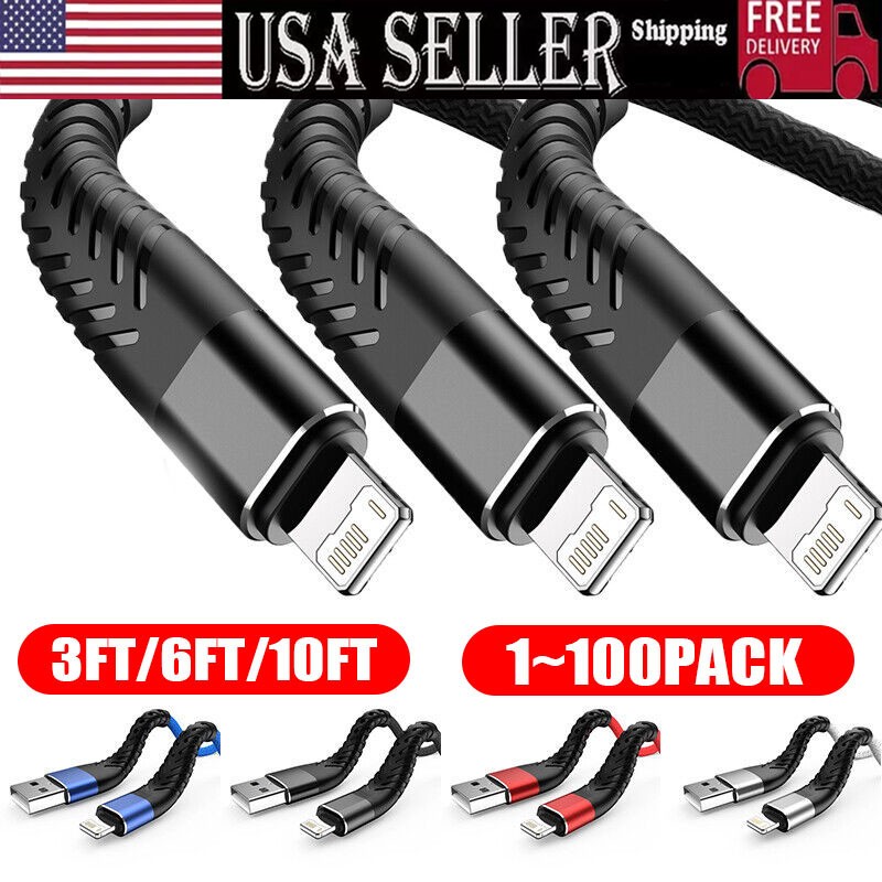 Braided Fast Charger Cable Heavy Duty USB lot Cord For iPhone 14 13 12 11 X XR 8