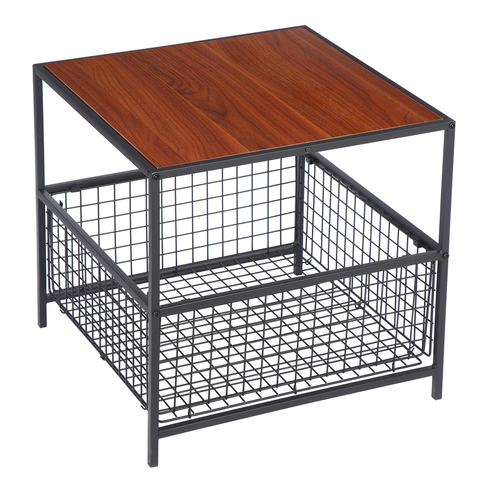 Square Sofa Side Storage Cabinet Compact Coffee Table Basket Metal Frame, Black
