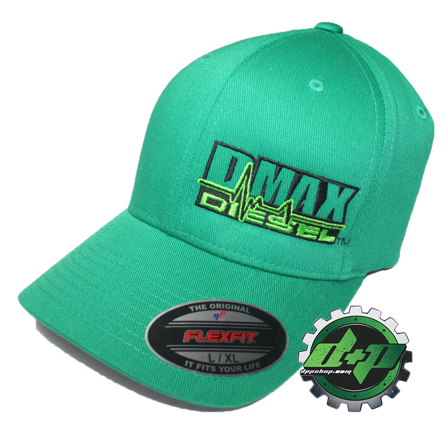 S/M DMAX Diesel Flexfit fitted trucker GREEN ball cap hat Chevy Duramax