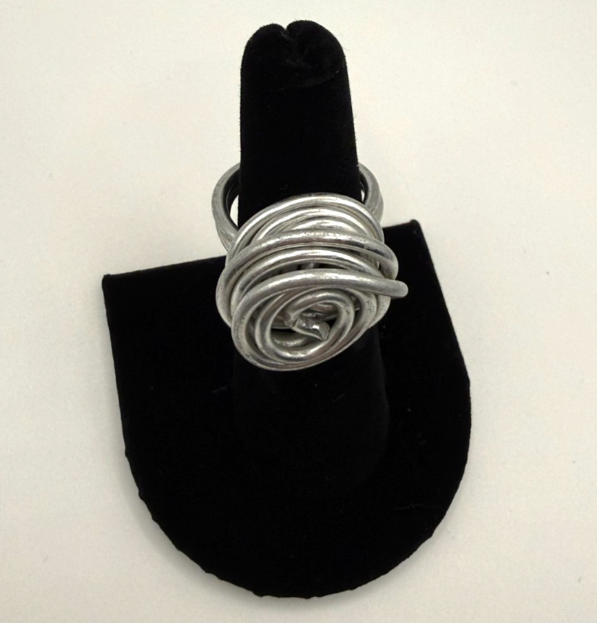 Handcrafted Adjustable Ring Silver Aluminum Wire-Wrapped Rose Size 7