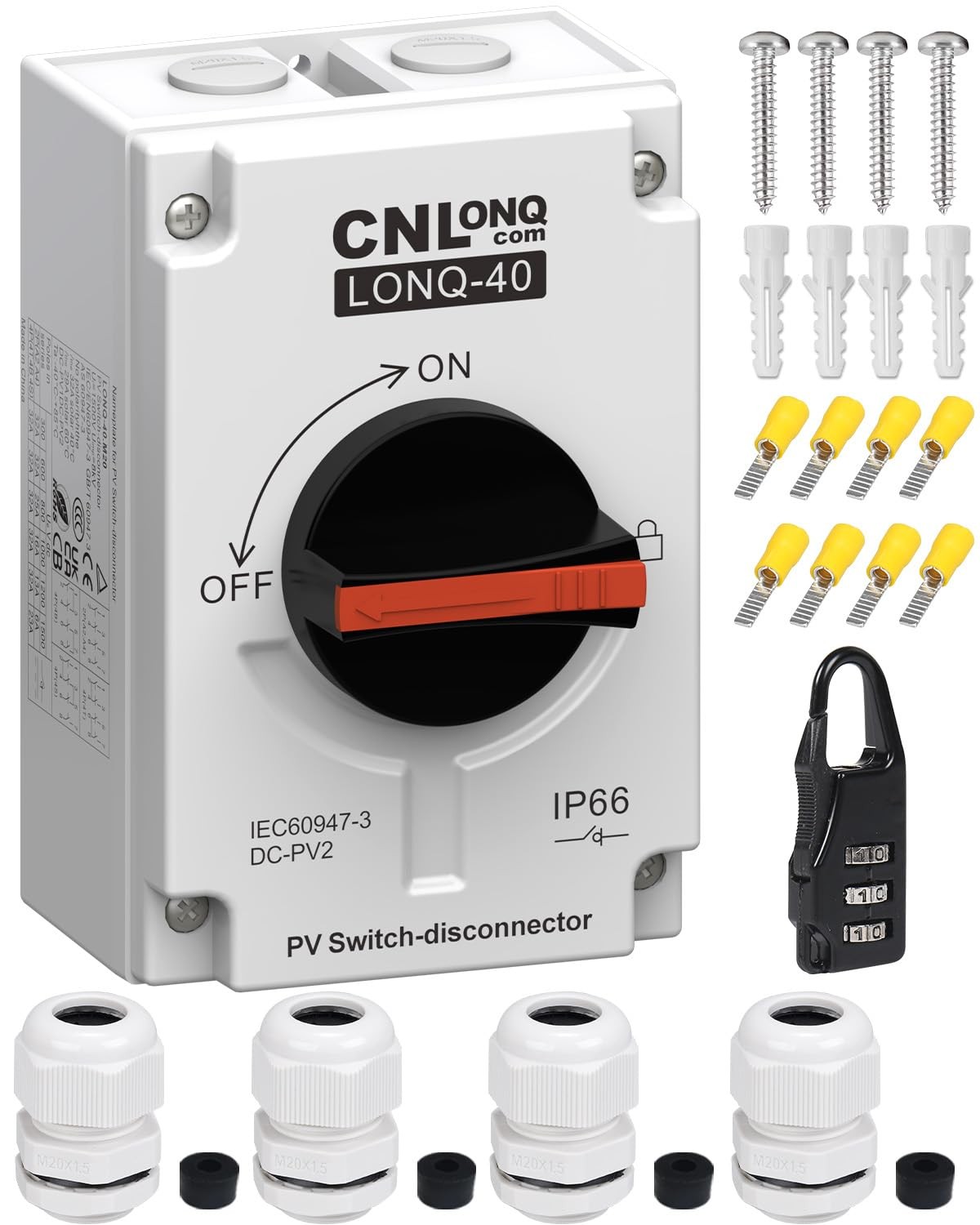 CNLONQ Solar PV Disconnect Switch 32A DC1500V Rapid Shutoff Isolator Switch 4...