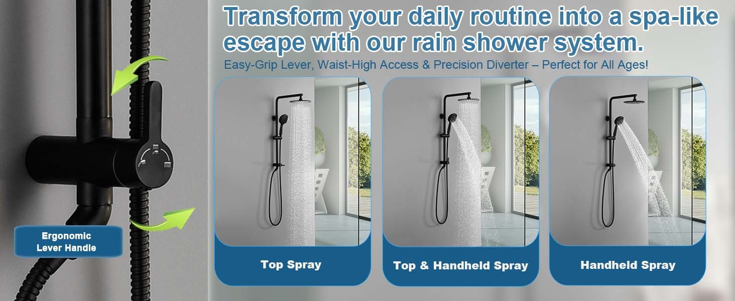5-Function Retrofit Shower System Matte Black 9 Inch Rain Shower Head with