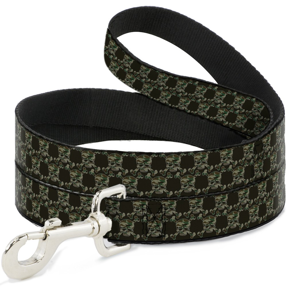 Dog Leash 6-FEET Top Skulls Black/Camo Olive WIDE 1.5"