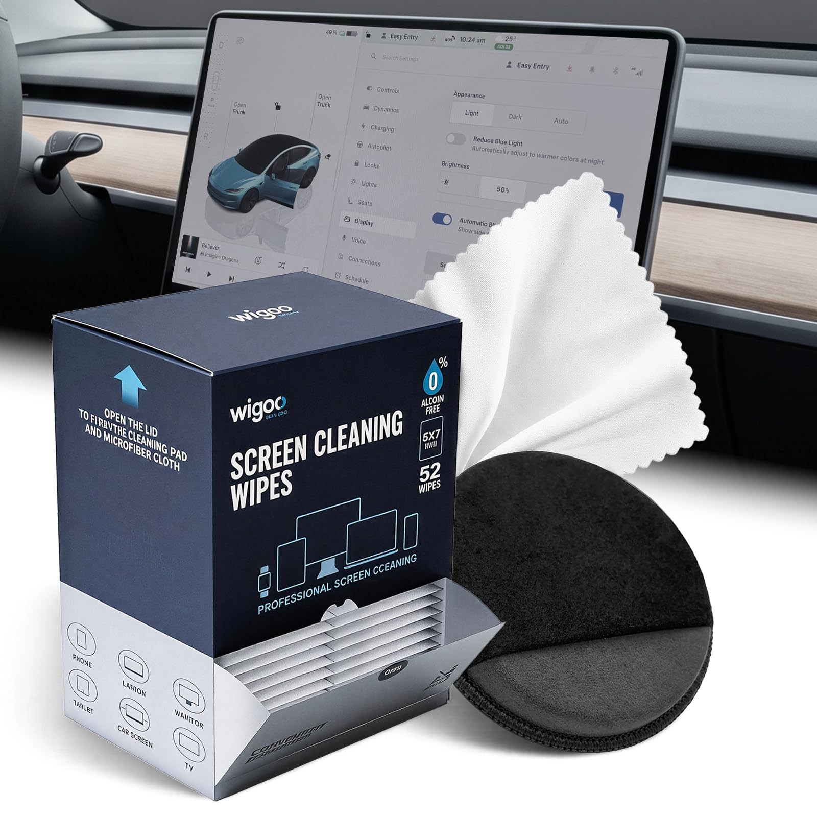 Car Screen Cleaner Wipes 5"x7" Alcohol-Free 52 Count - Streak-Free for Auto