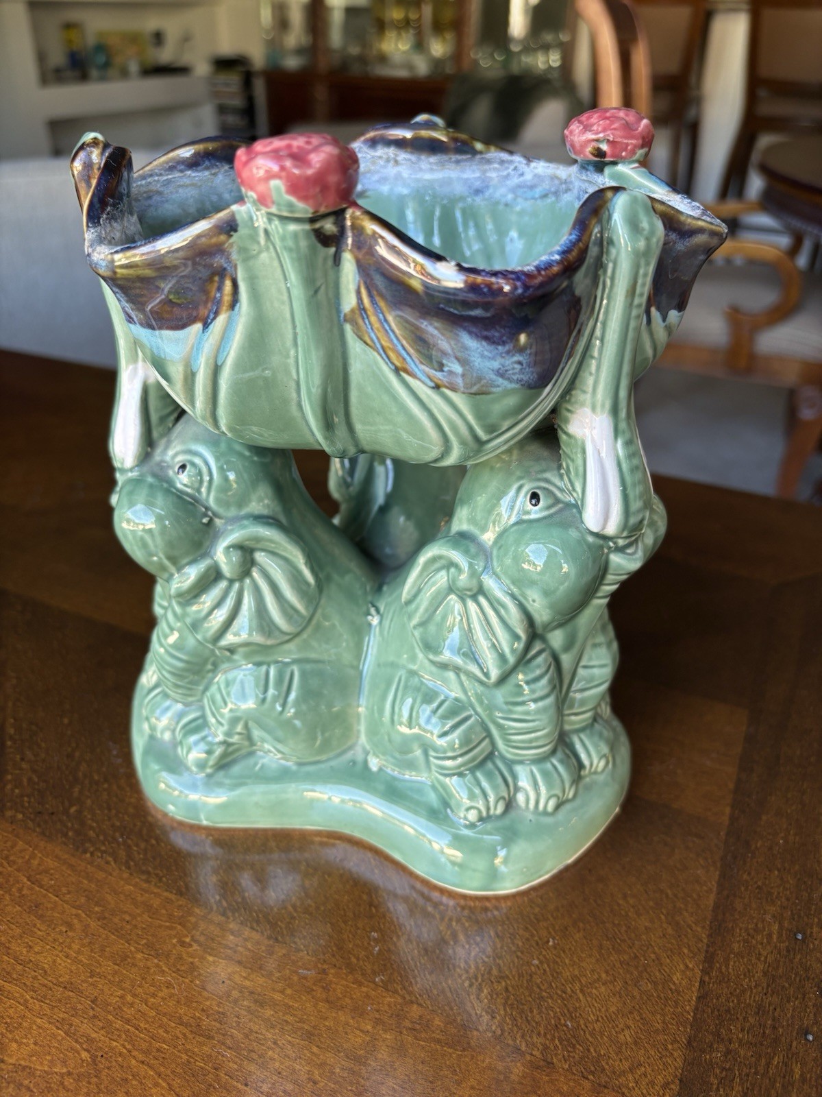 Vintage Majolica Style Elephant Planter: Green Glazed Ceramic Lotus Bowl
