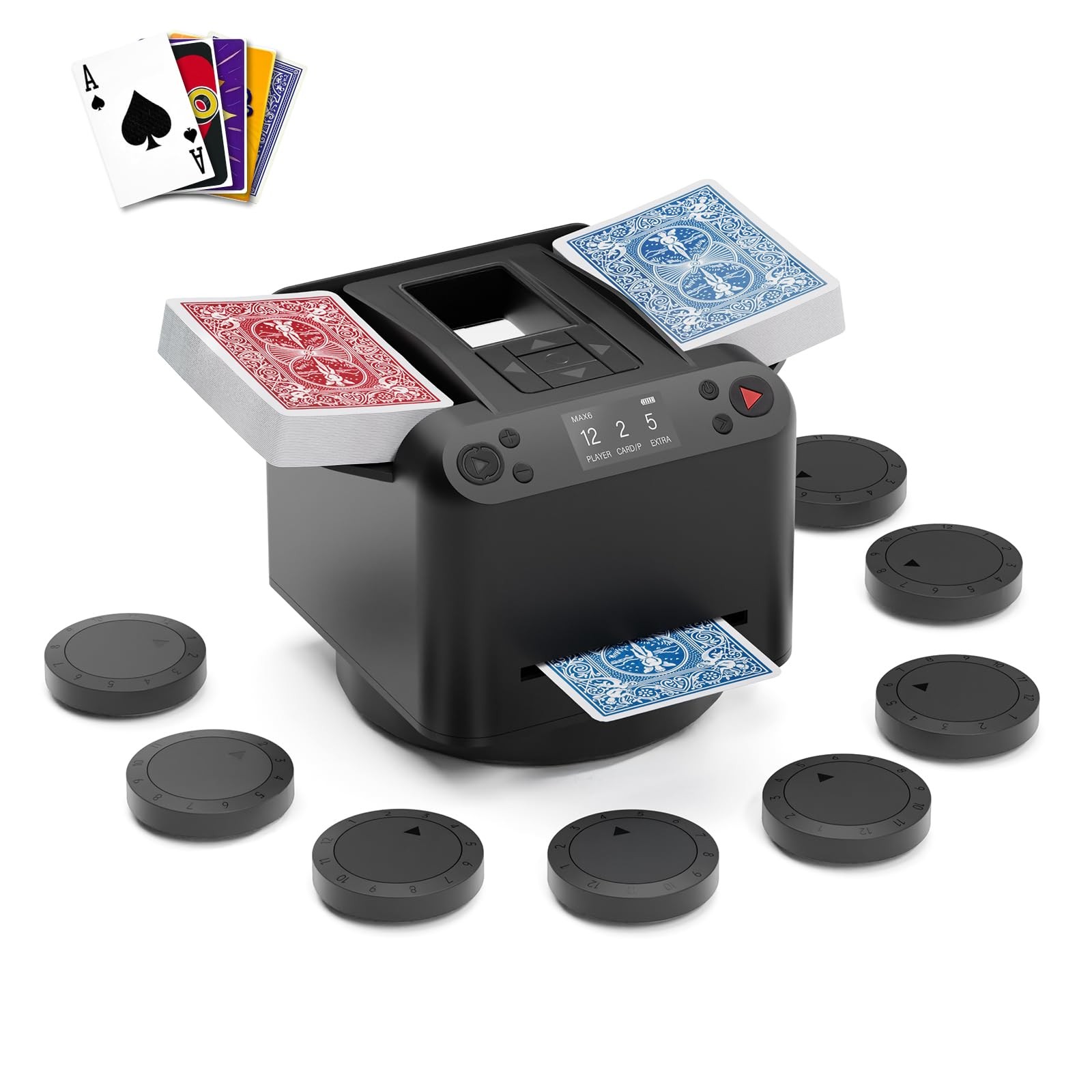 2-in-1 Automatic Card Shuffler & Dealer Machine 180°/360° Rotating 8 Remotes