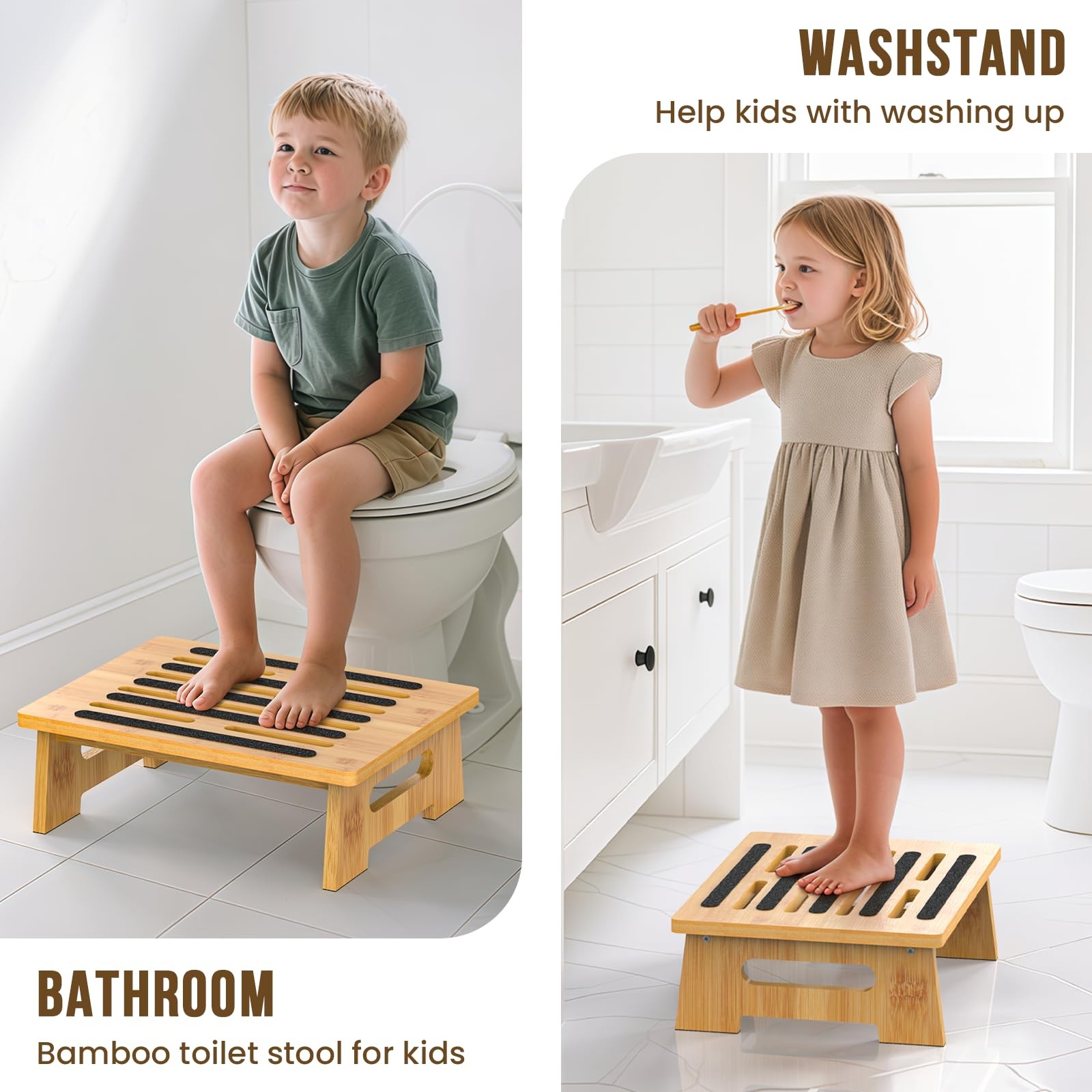Natural Bamboo Step Stool for Adults Seniors Kids Non-Slip Waterproof Support 45
