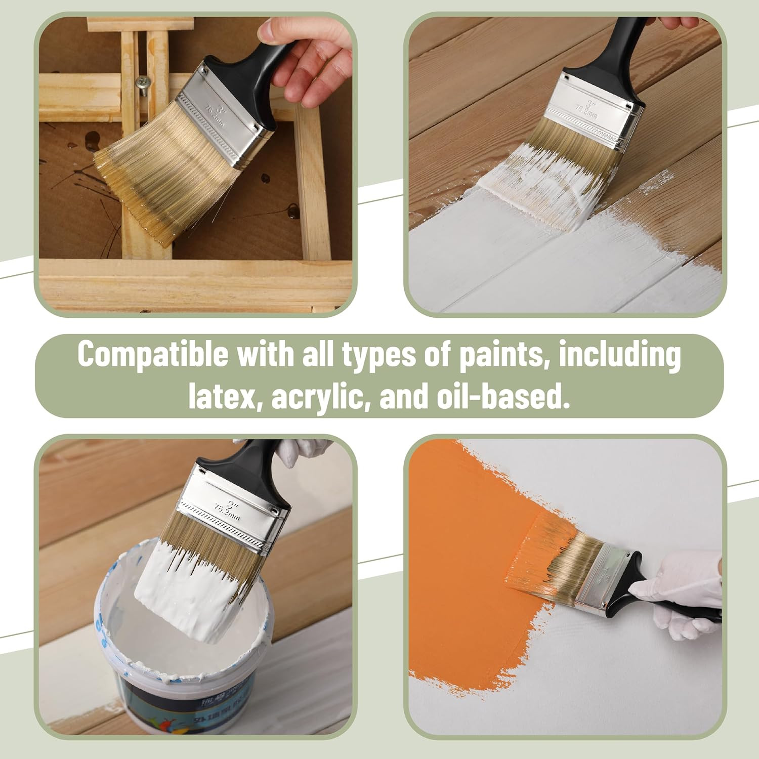 Bates- Paint Brushes, 3-Inch,6 Pack, Plastic Handle Flat Paint Brushes for Walls
