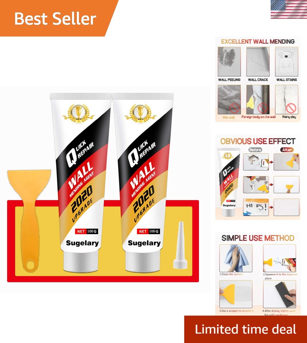 2-Pack Wall Repair Kit with Strong Adhesion Paste & Scraper - Quick and Easy Fix