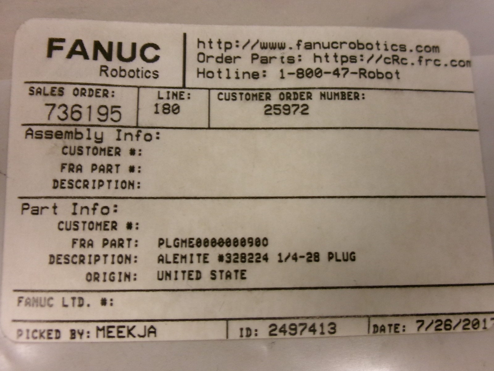 Fanuc PLGME000000090O ALEMITE #328224 1/4-28 PLUG