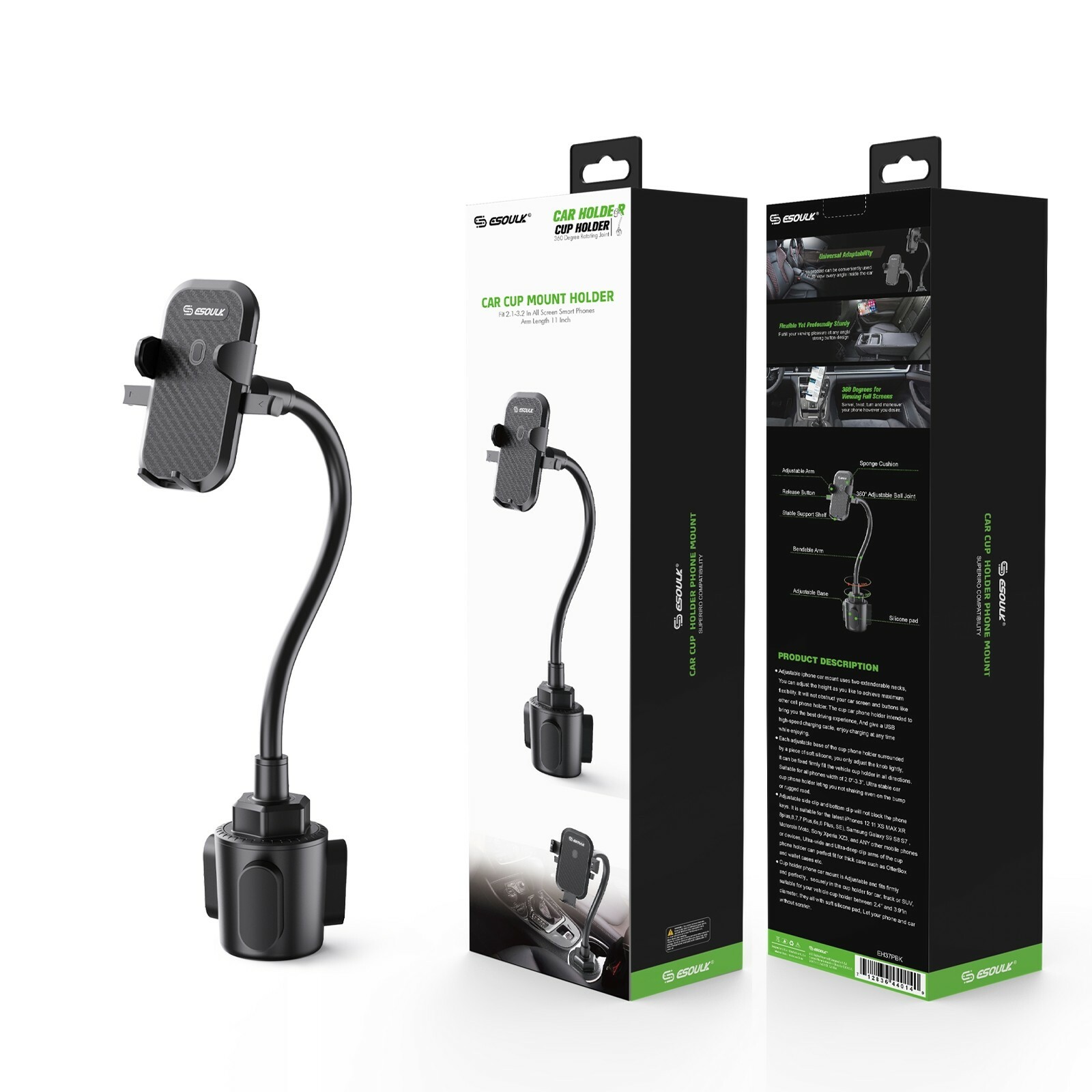 Universal Car Mount Cup Phone Holder Adjustable 11" Gooseneck GPS Stand Cradle