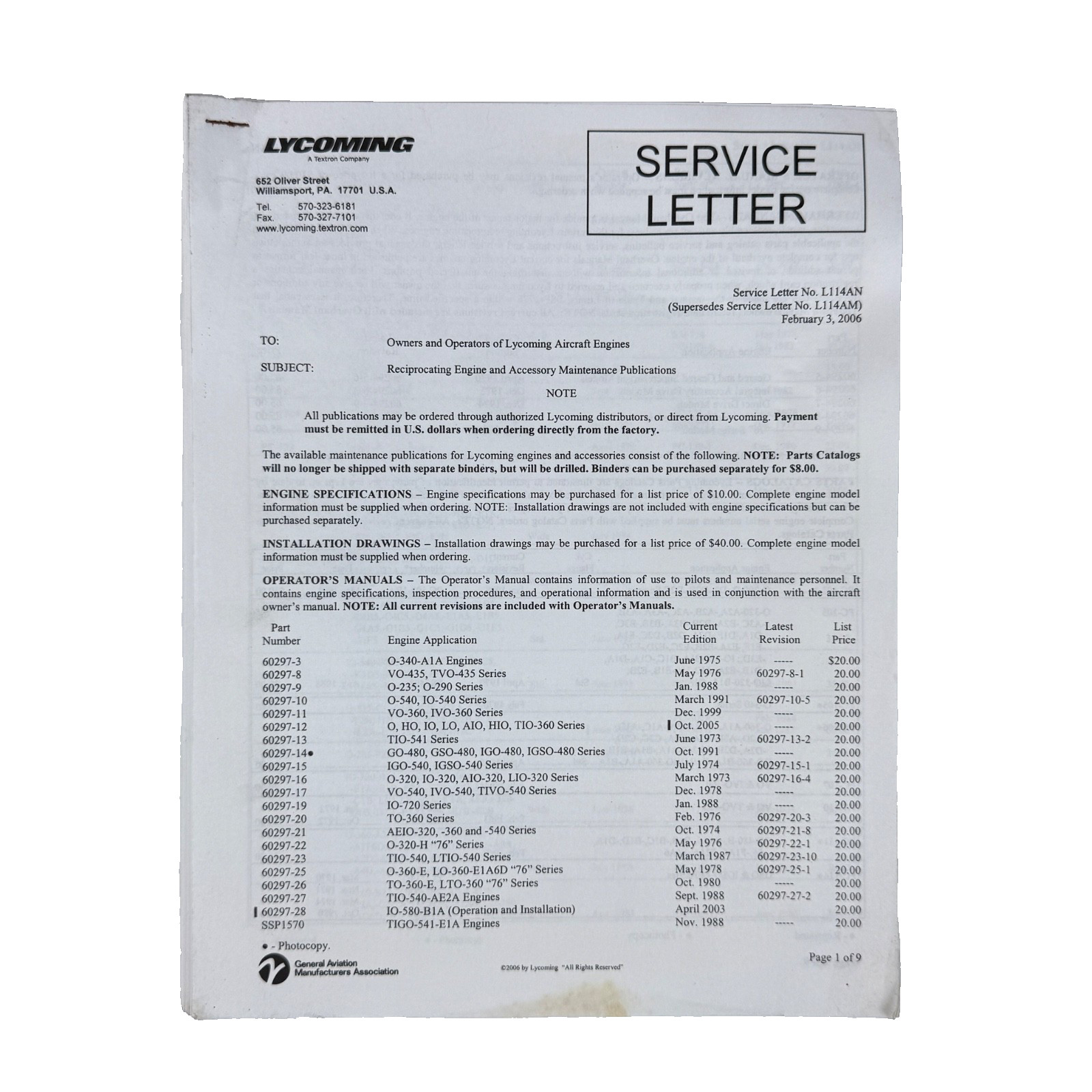 Lycoming Piston Aircraft Engines Data Pak. 2006 Catalog. L114AN Service Letters