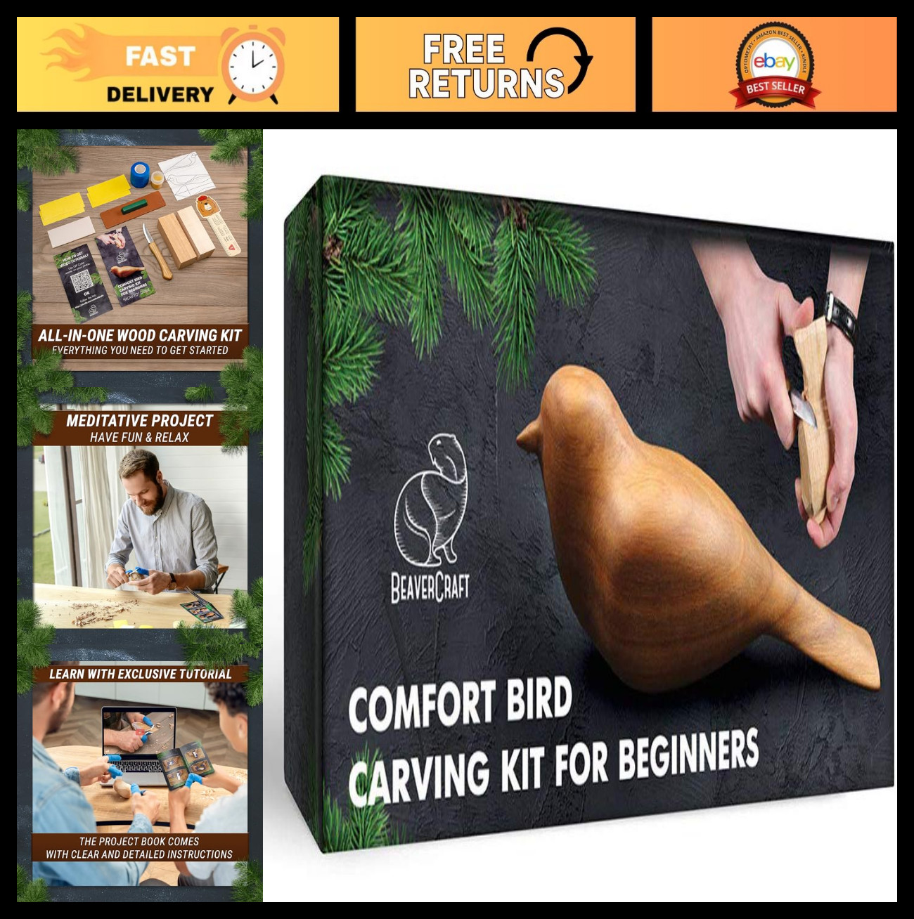Wood Carving Kit for Adults & Kids - DIY Comfort Bird Whittling Knife Set, Begin