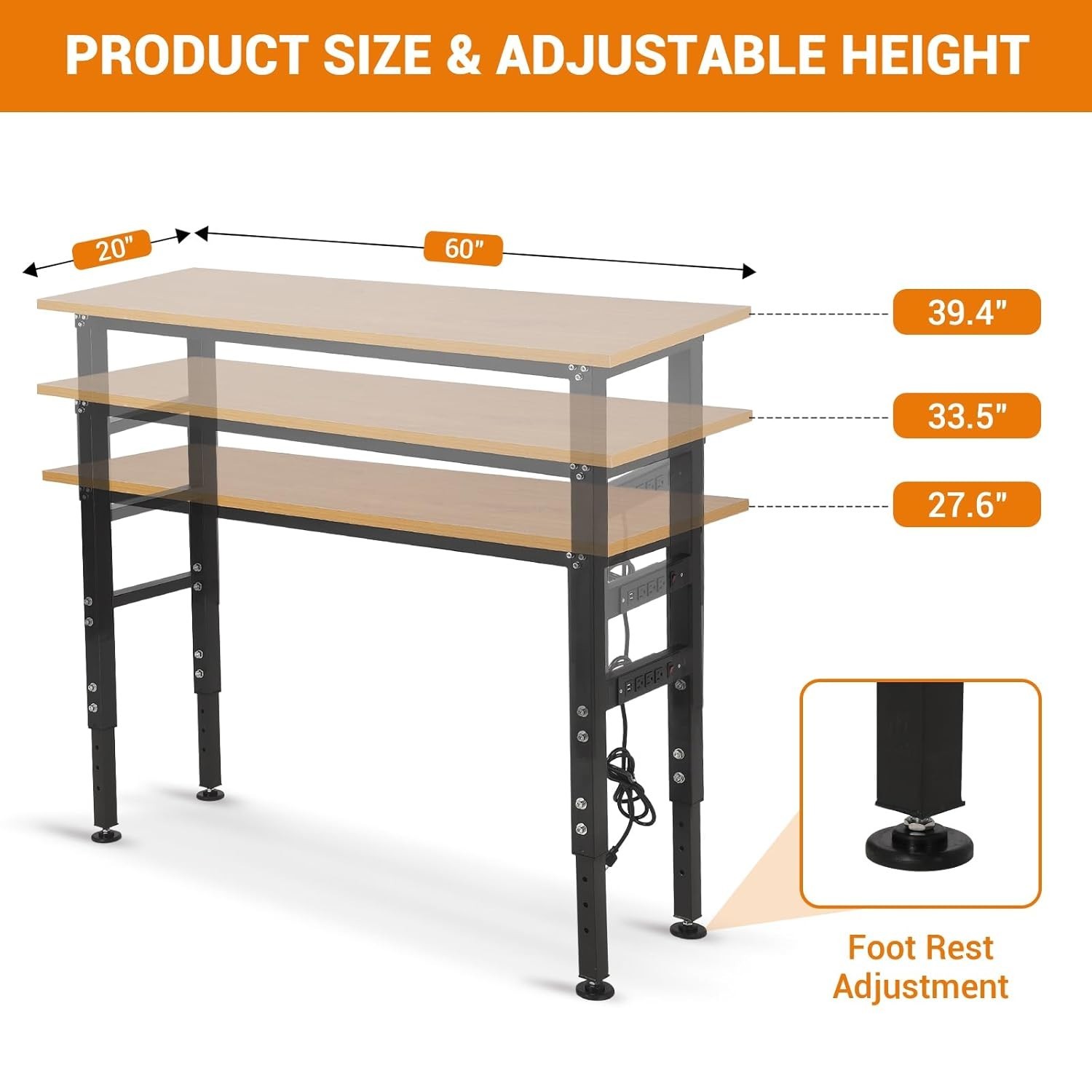Adjustable Workbench w/Power Outlet 60x20" Work Benches 2500 LBS for Garage