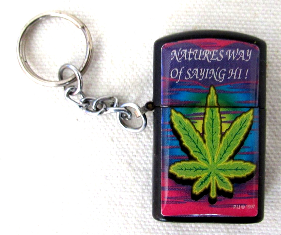 Vintage Cigarette Lighter "Natures Way of Staying Hi "Pot Leaf Flip Top Key Ring