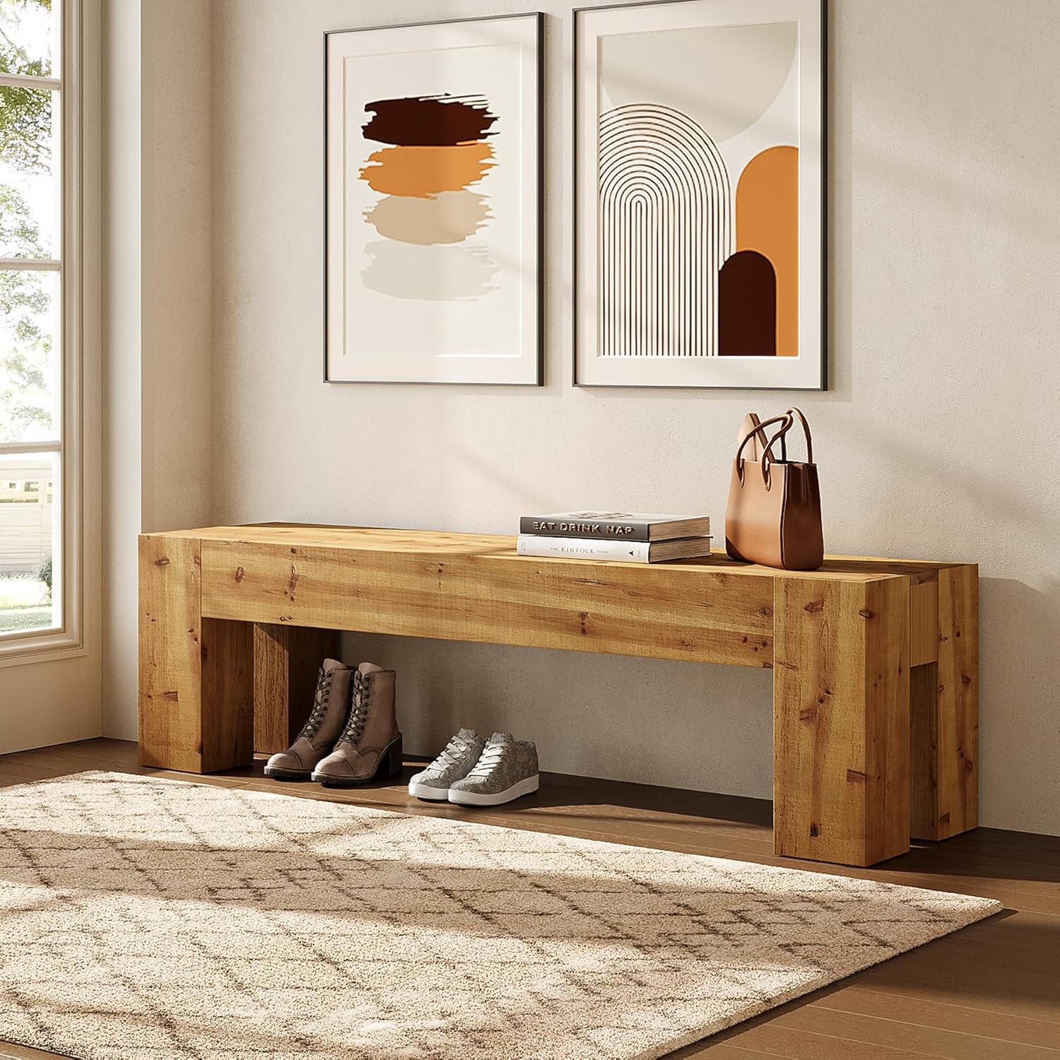 63-Inch Solid Wood Entryway Bench Modern Indoor End of Bed Bench for Bedroom