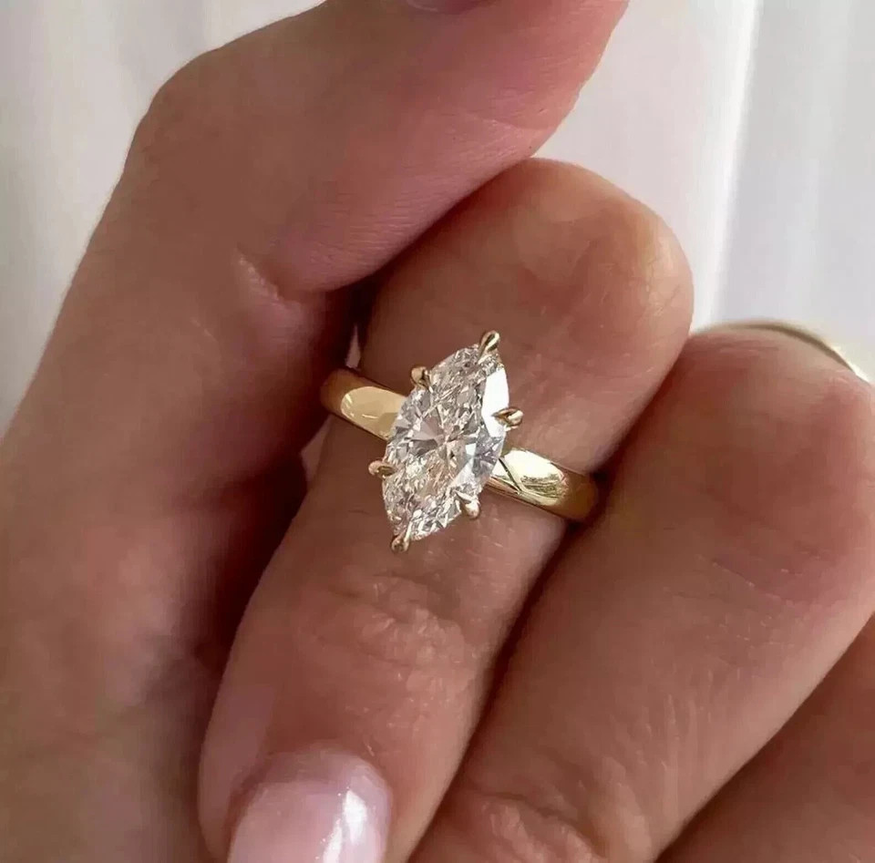 White Moissanite 2.80Ct Marquise Cut Prong Wedding Ring 14K Yellow Gold Plated