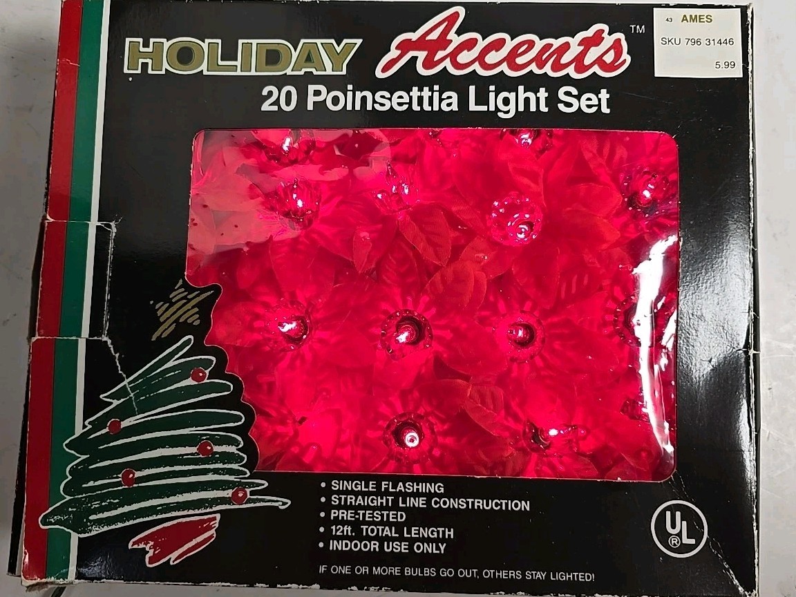 Holiday Accents Vintage 20 Poinsettia Lights 12 Feet Christmas Holiday AMES Box