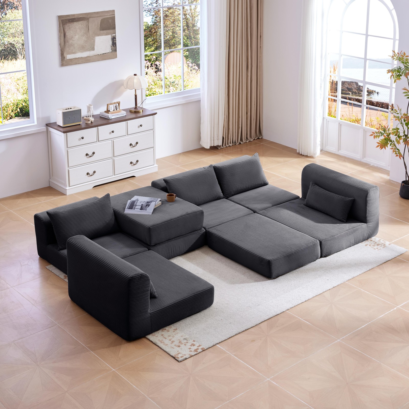 Upholstered Sectional Sofa 100" L-Shaped Corduroy Grey Modular