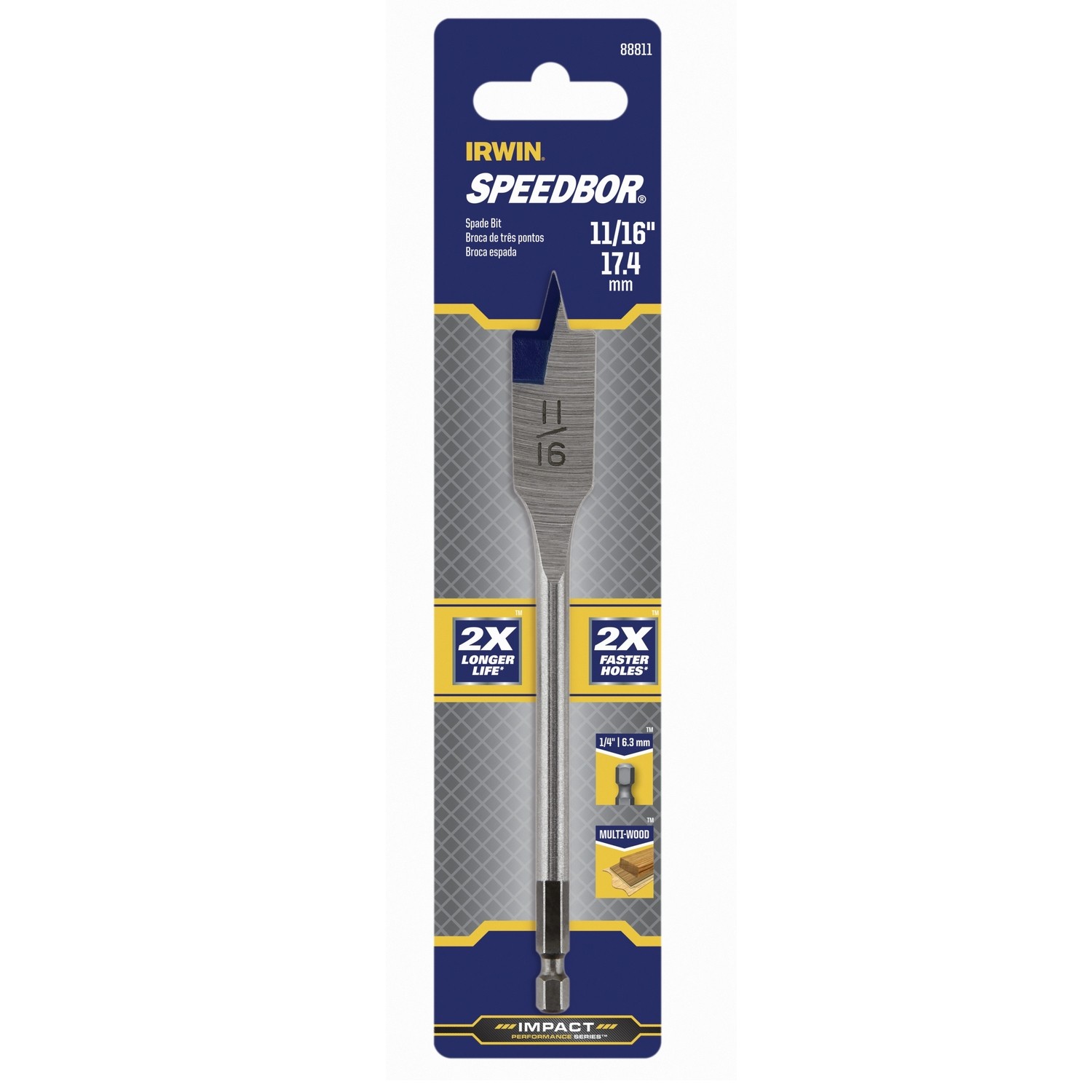 IRWIN 88811 Carbon Steel Hex Shank Wood Boring Bit 11/16 Drill x 6 L in.