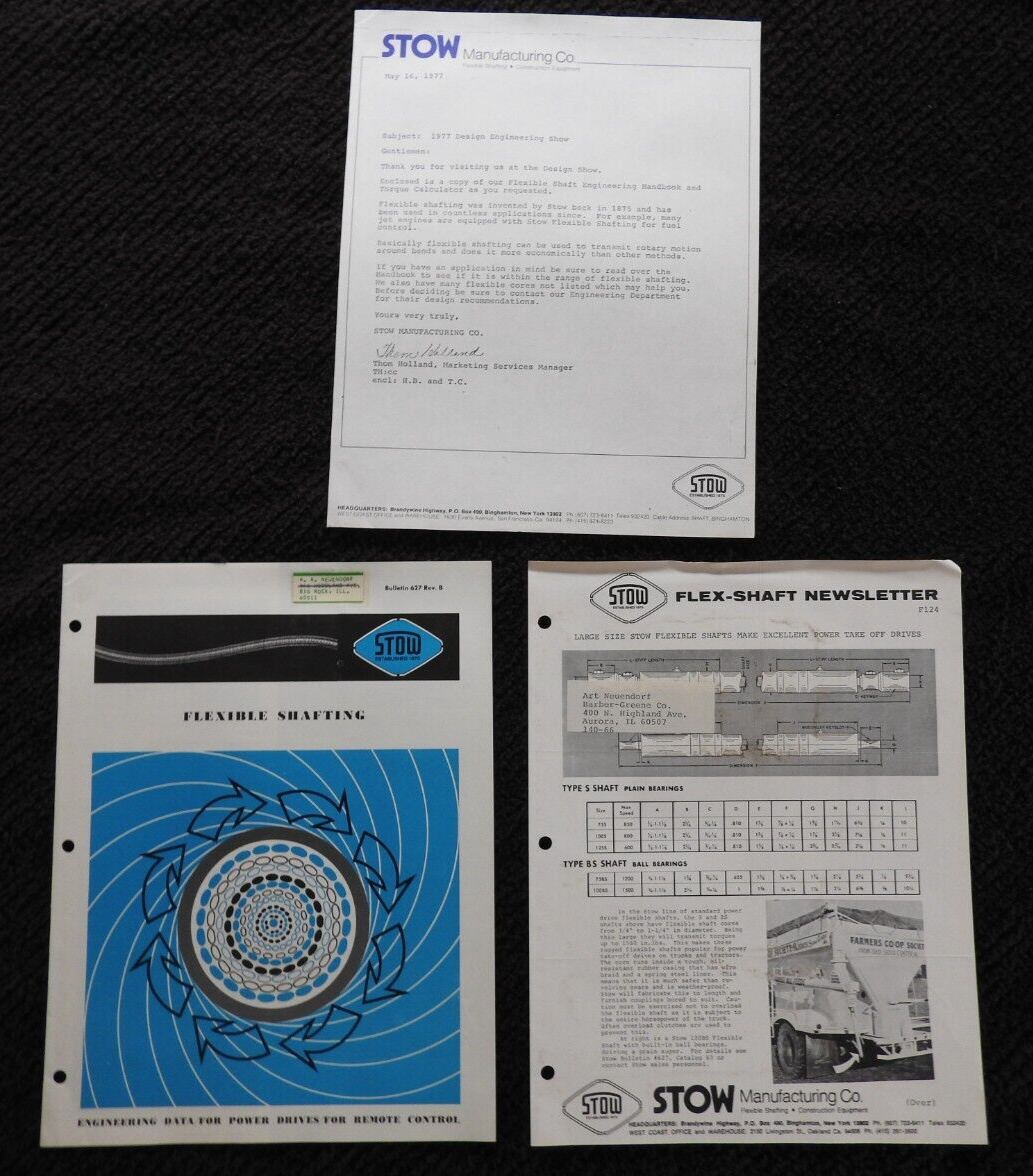 1977 Stow Manufacturing Co Flexible Shaft Literature Signed Letter San Francisco