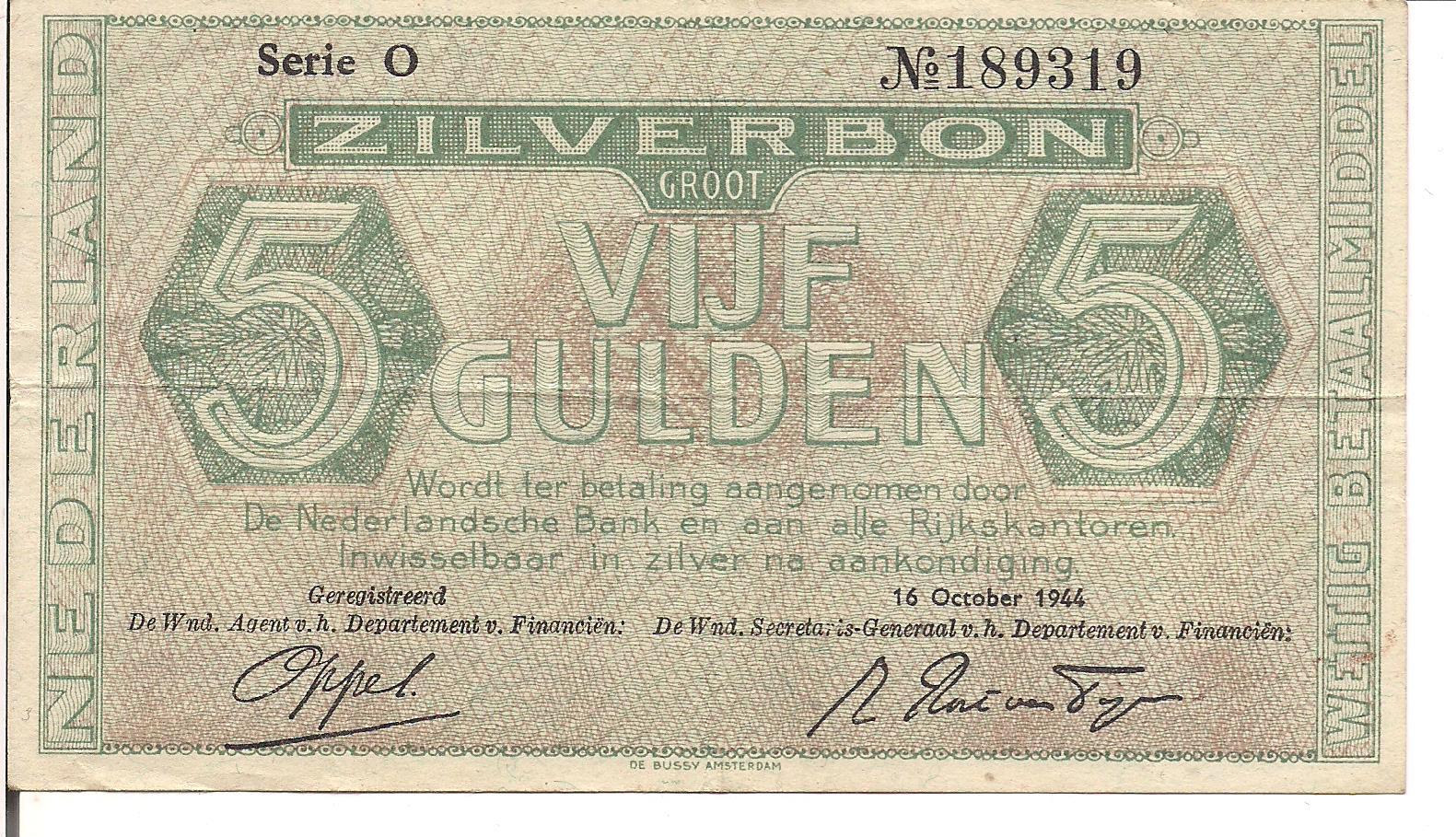 NETHERLANDS, 5  GULDEN, ZILVERBON, P#63, 1944