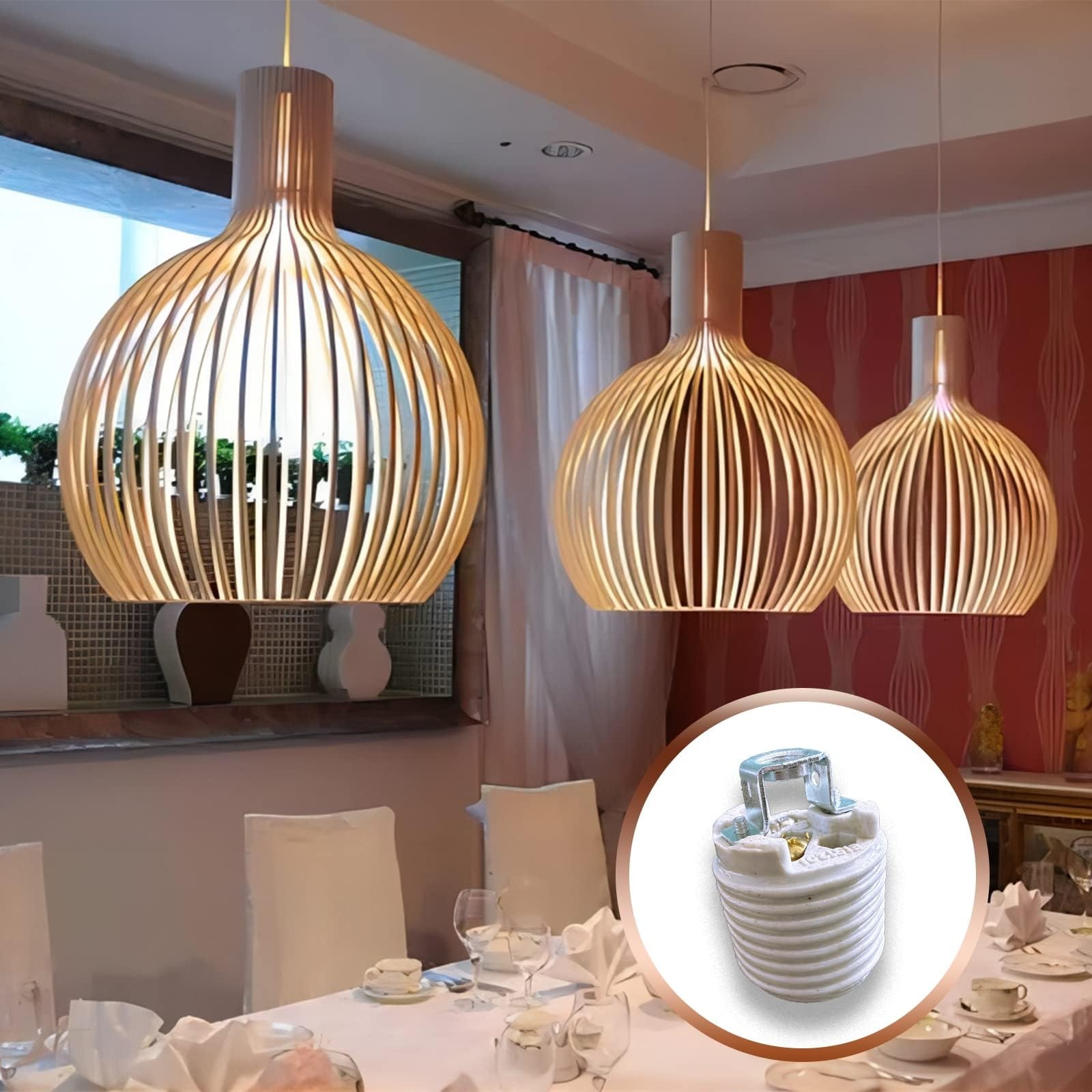 E26 Ceramic Threaded Light Socket with White Aluminum Shade Ring, UL Listed M...