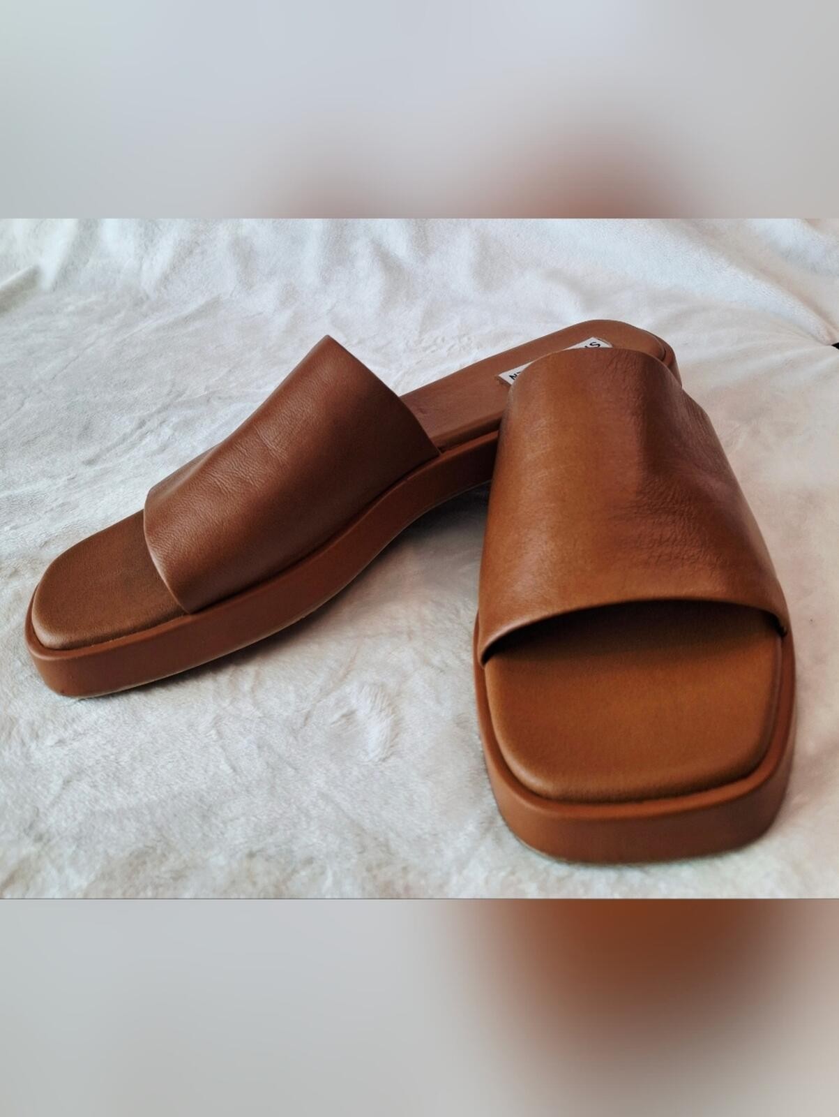 Steve Madden "Holmes" Leather Slide Sandals in Cognac