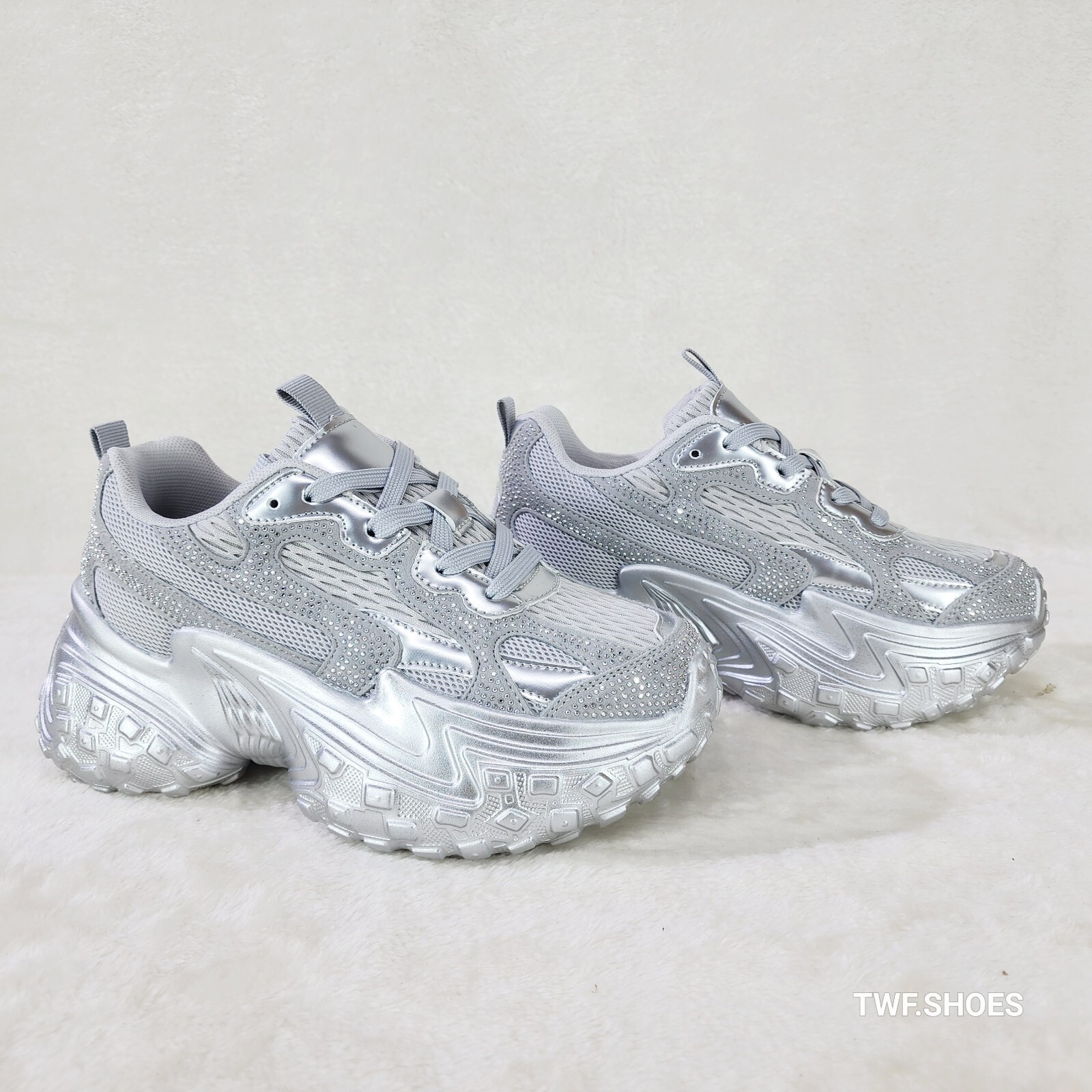 Cush Sparkle Sport Rhinestone Comfy Platform Light Weight Sneakers Silver