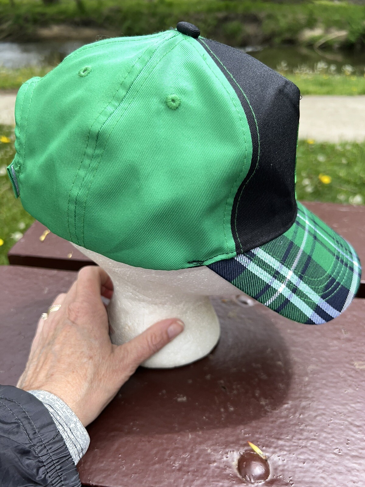 Green/ Black Plaid Shamrock Plaid bill on Hat Cap Hook Loop EUC