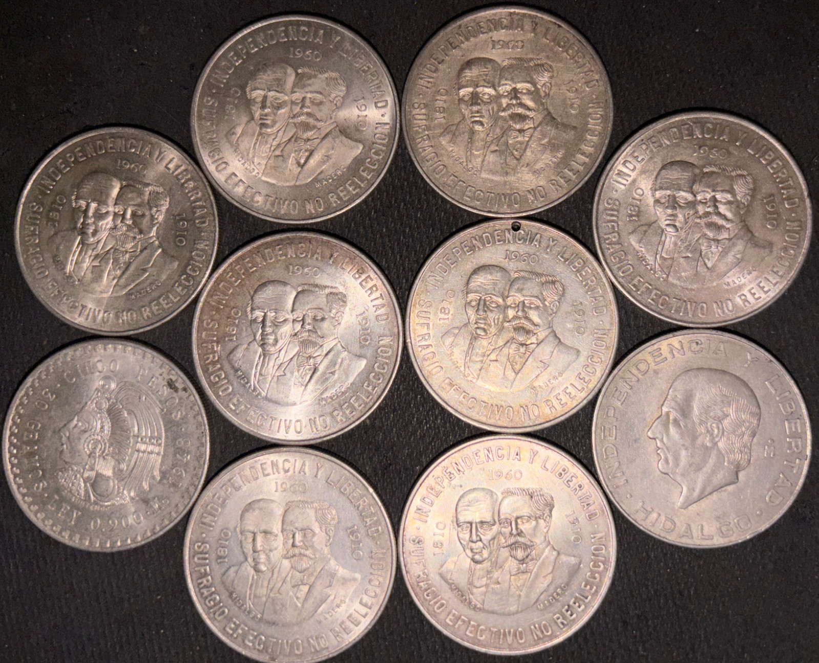 1948-1960 Lot of Ten (10)) Mexican 90% Silver Pesos (9) Diez Y (1) Cinco🇲🇽