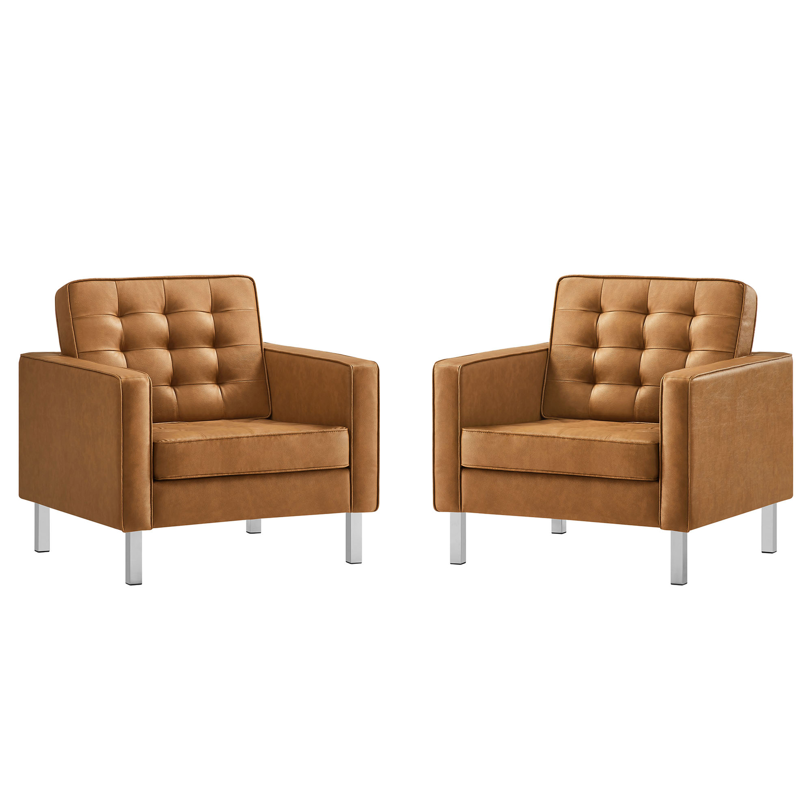 Modway Loft Tufted Upholstered Faux Leather Armchair Set of 2 in Silver Tan
