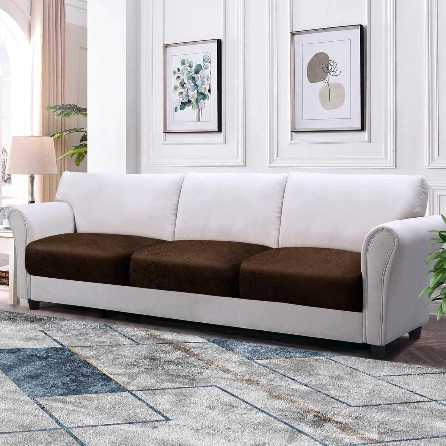 Couch Cushion Covers Leather-Look 3PC Stretch Sofa Seat 3 Cushion Sofa Coffee
