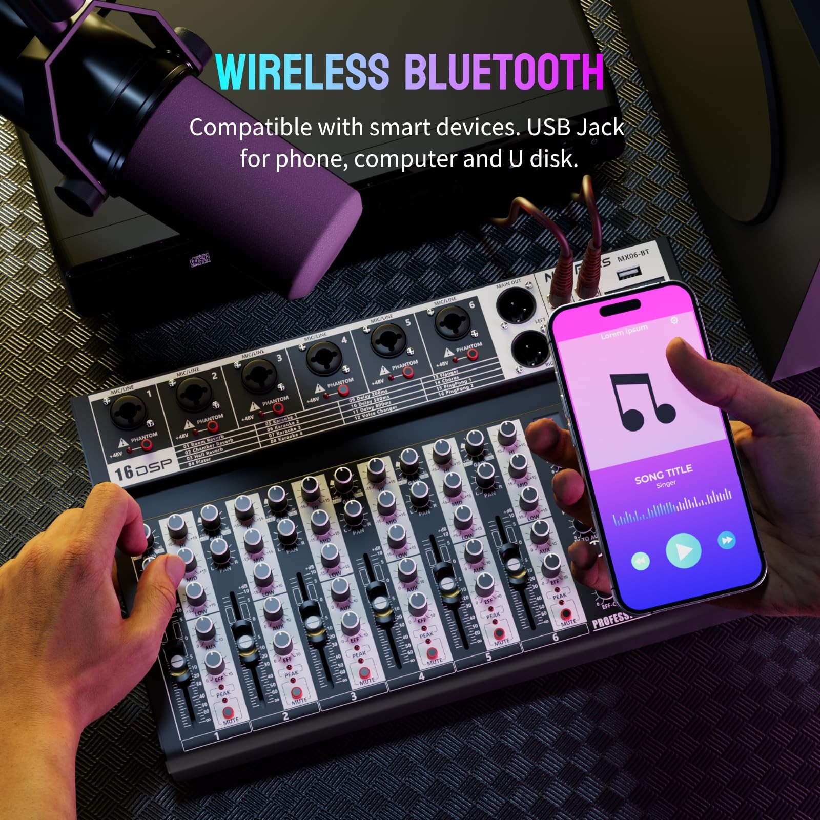 6Channel Audio Mixer with Bluetooth, DSP Effects & 48V Phantom Power