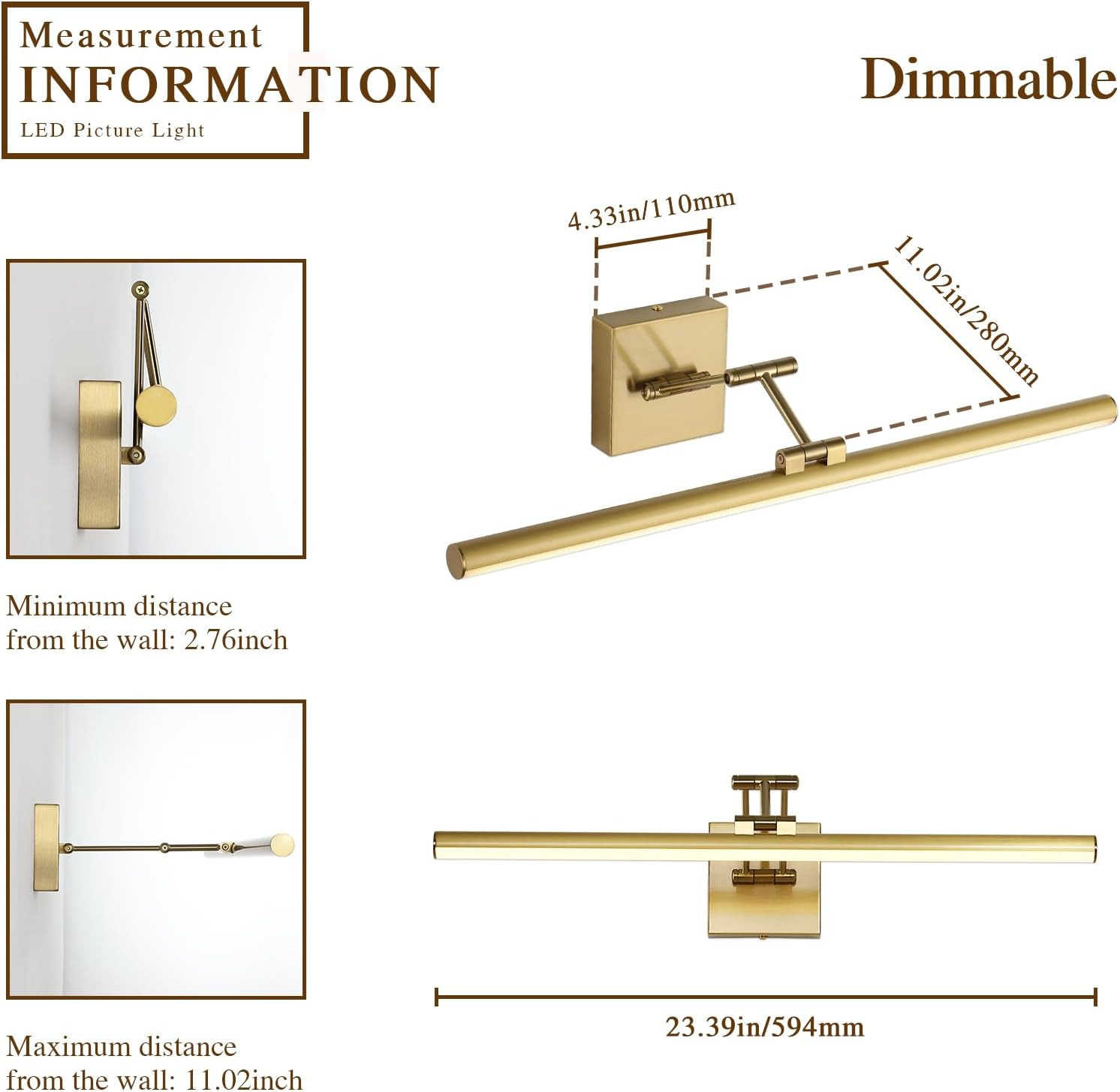 Hard-Wired Picture Light for Wall Brass Art Lighting Dimmable Gallery Light 23.6
