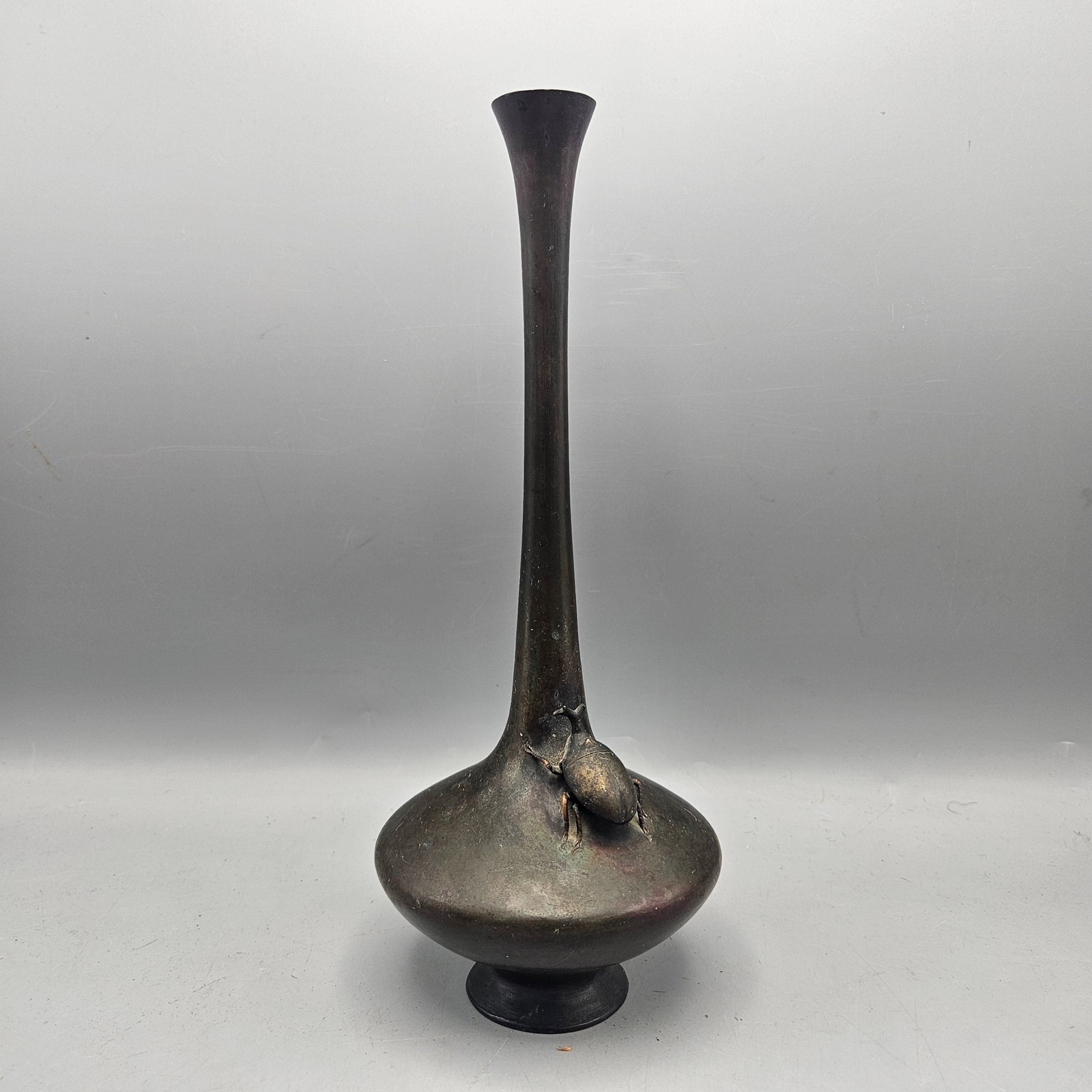 Japanese Meiji Period Bronze Bud Vase with Rhinoceros Beetle