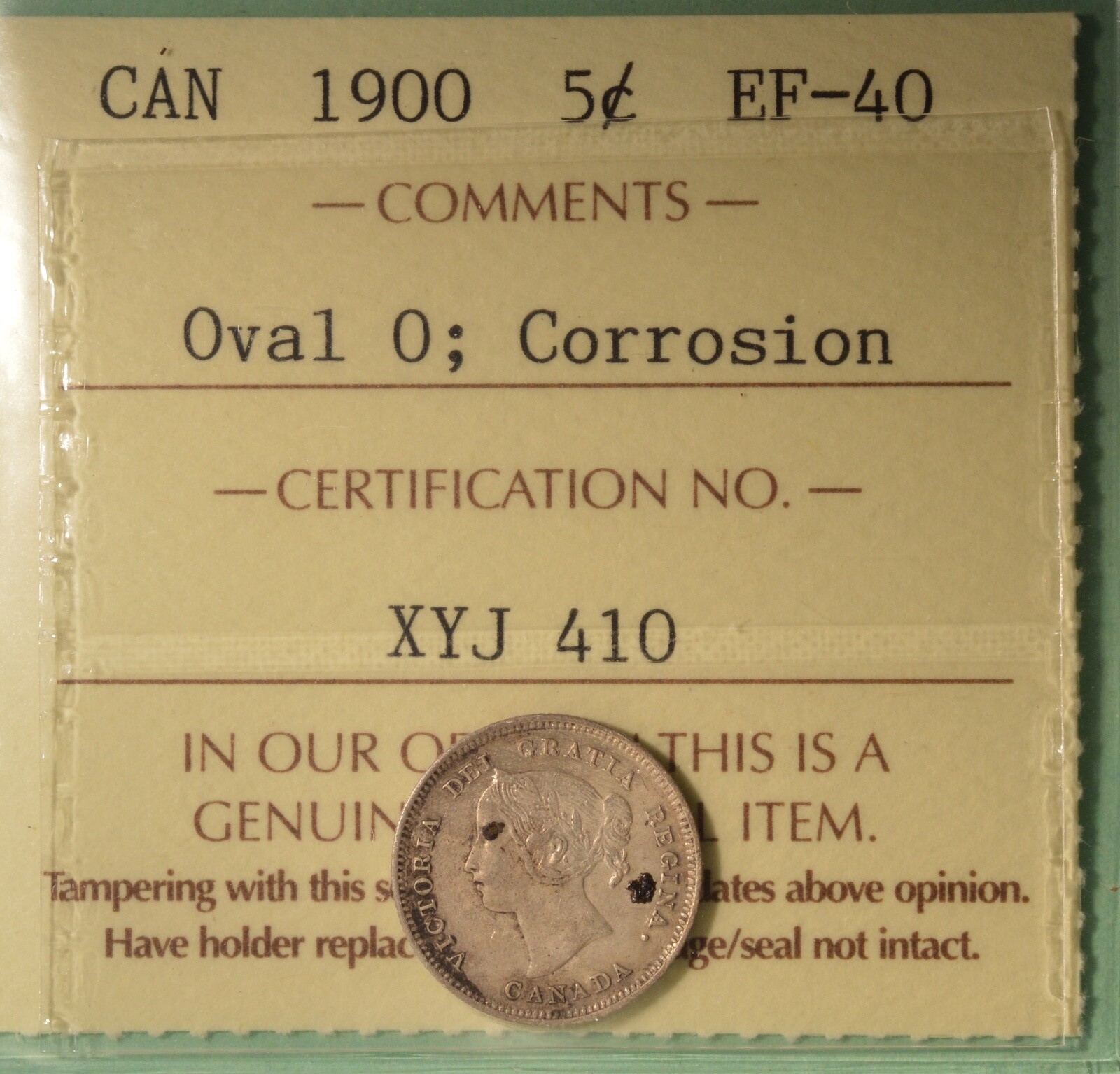 1900 Canada Silver 5 Cents  - Graded ICCS EF-40 -  Serial XYJ 410